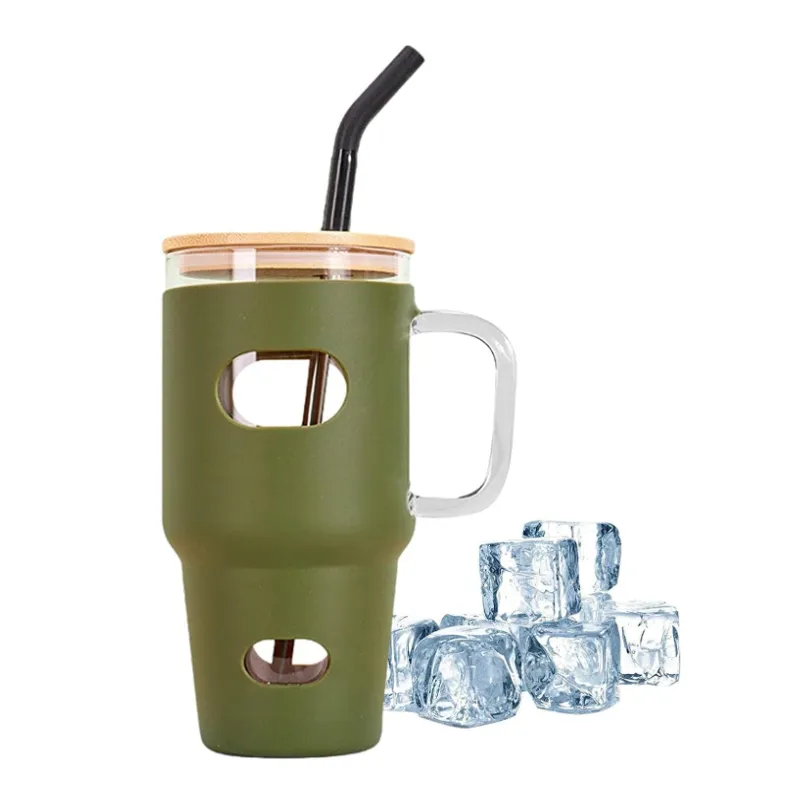 1.1L Reusable Glass Tumbler Cup With Bamboo Lid And Straw If-96 Green