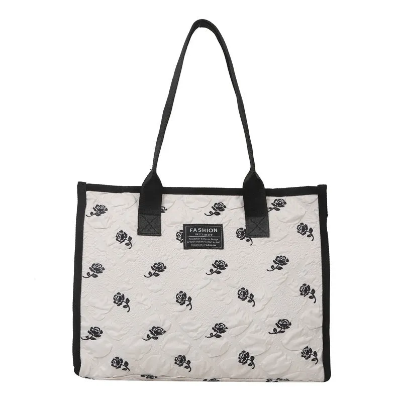 Black & White Floral Canvas Shoulder Bag