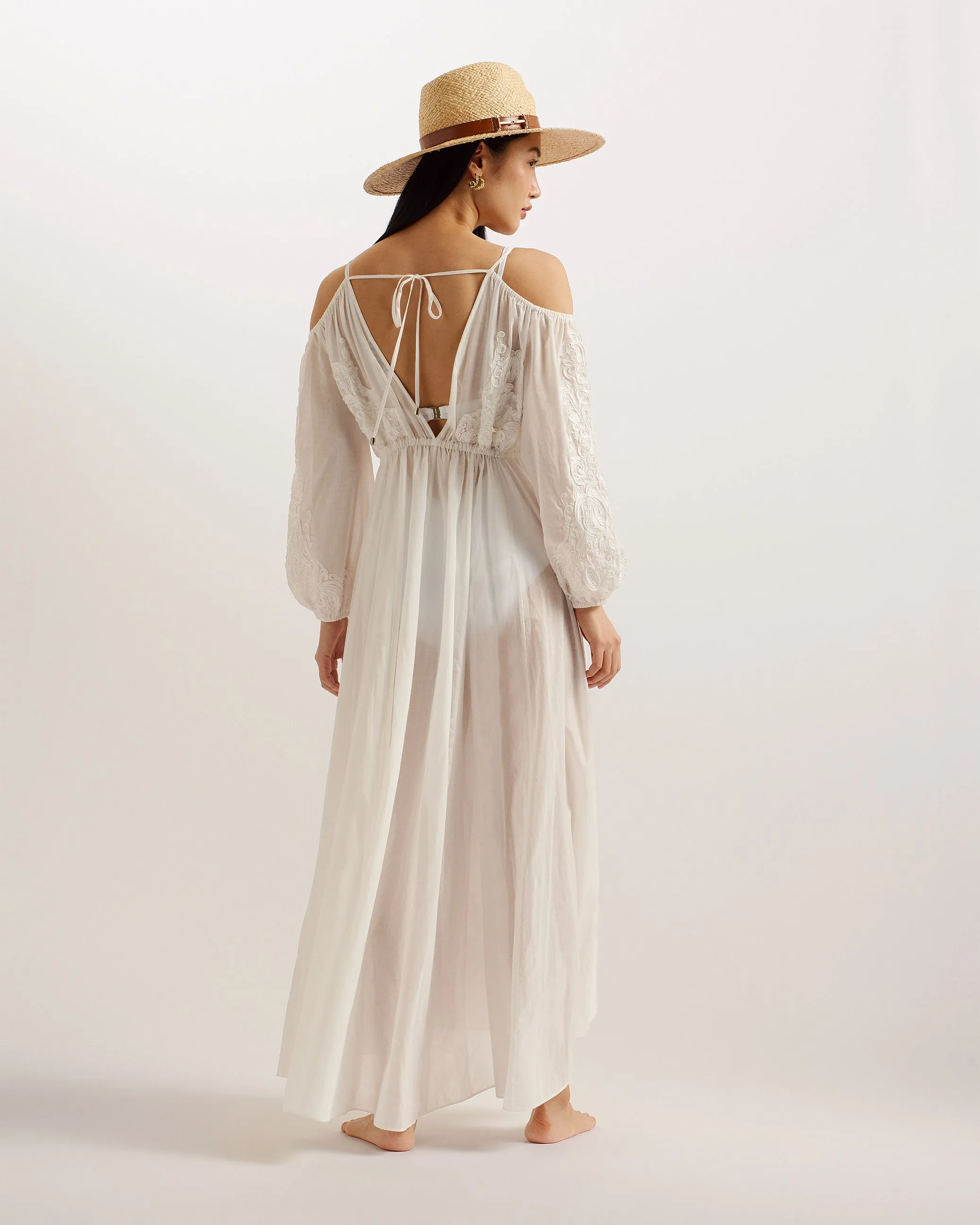 Daeseey Embroidered Cold Shoulder Maxi Cover Up Ivory