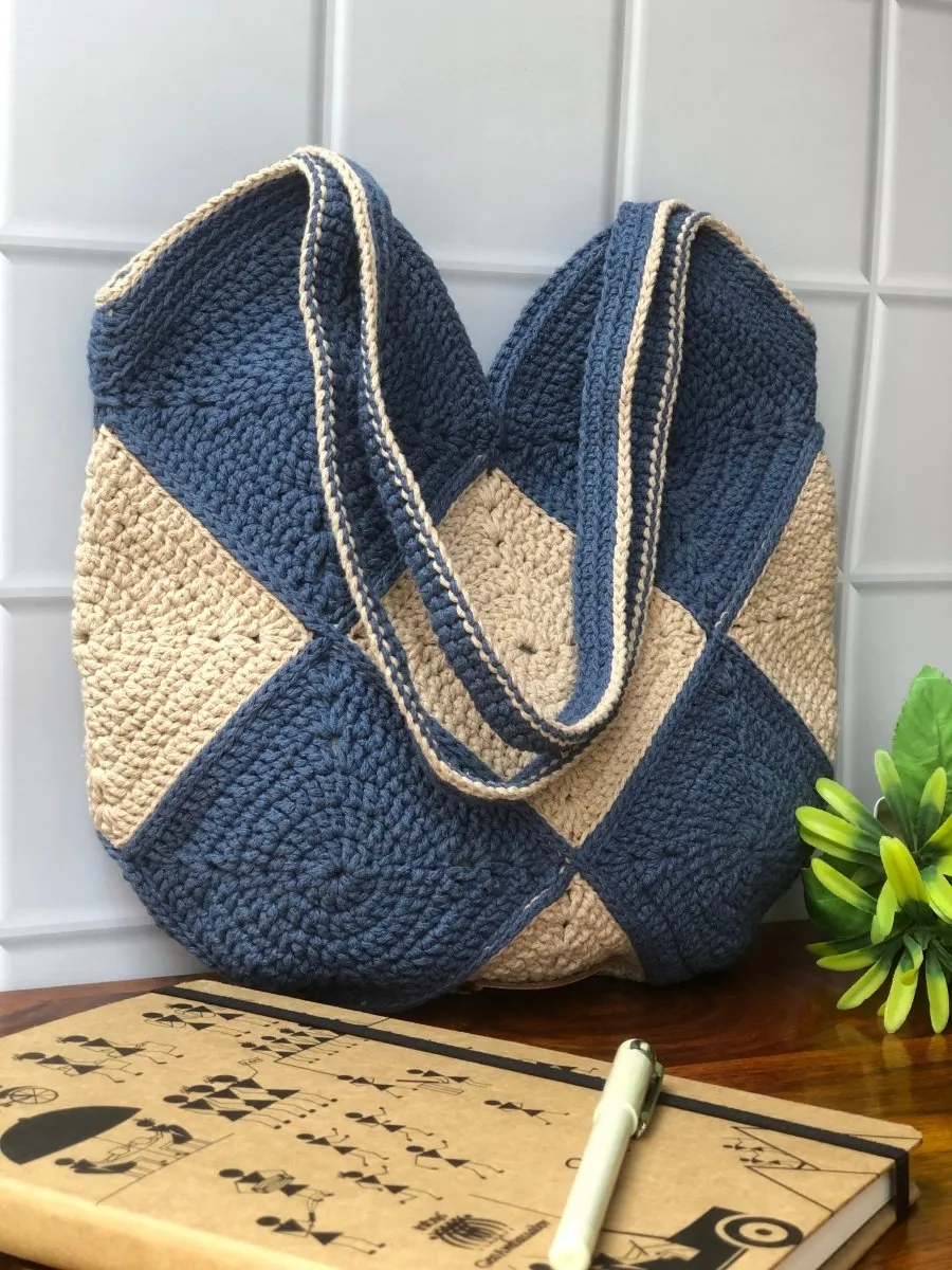 Granny Square Crochet Unisex Tote Bag in Jean Blue and Beige