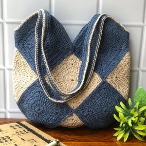 Granny Square Crochet Unisex Tote Bag in Jean Blue and Beige