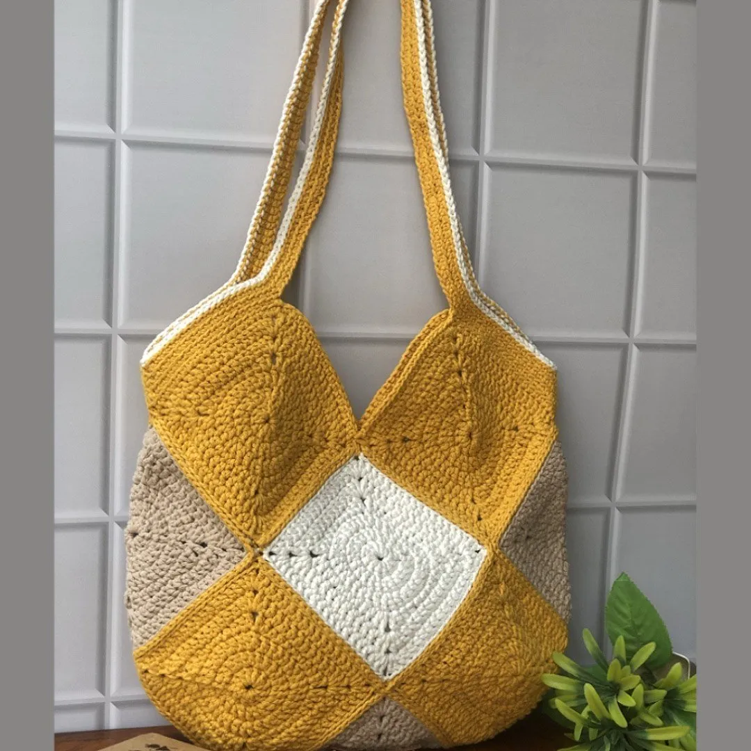 Granny Square Crochet Unisex Tote Bag in Jean Blue and Beige