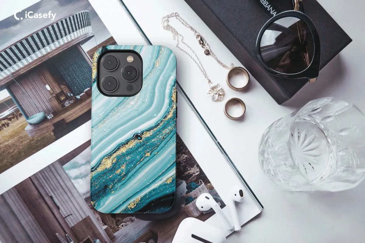 Marble Phone Case Glitter Cyan Black Gold Cover