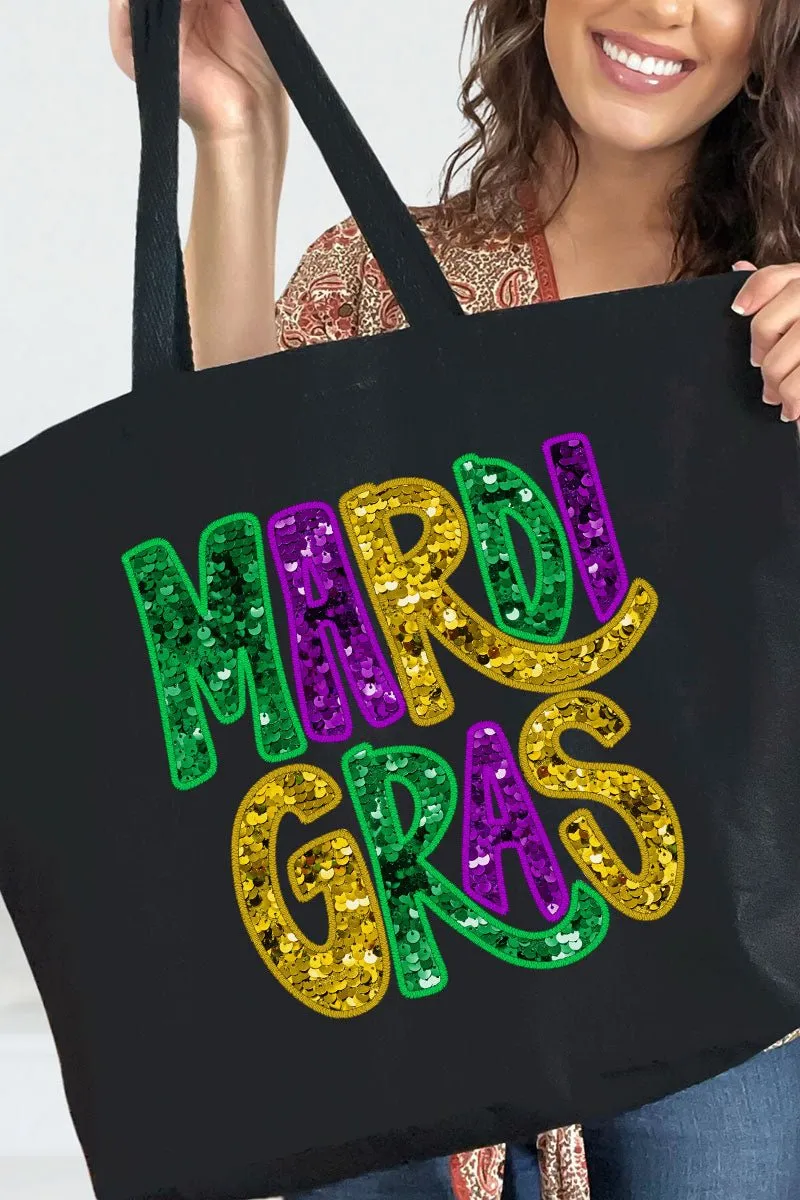 Mardi Gras Doodle Faux Glitter Canvas Jumbo Tote