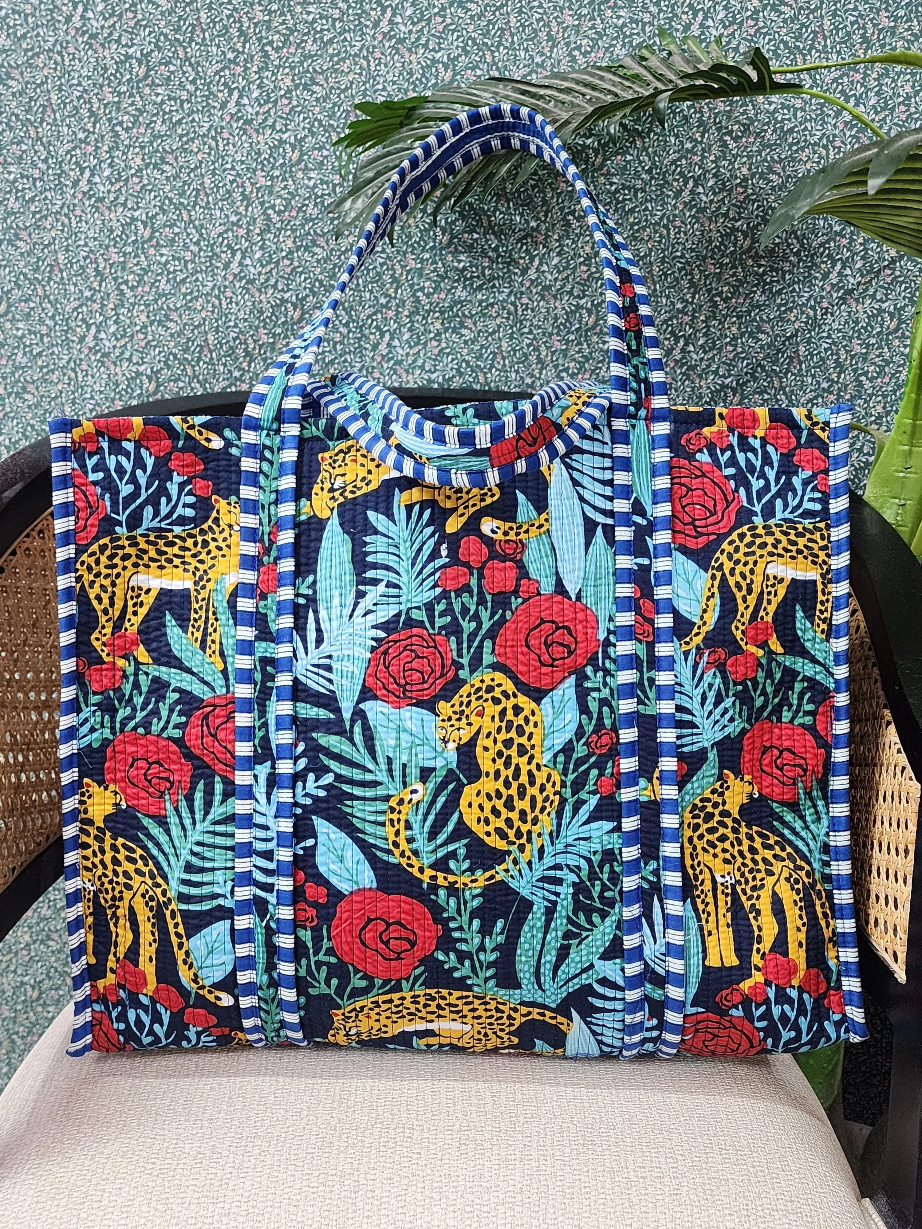 Multi-Color Jute Handblock Print Tote Bag Without Zip