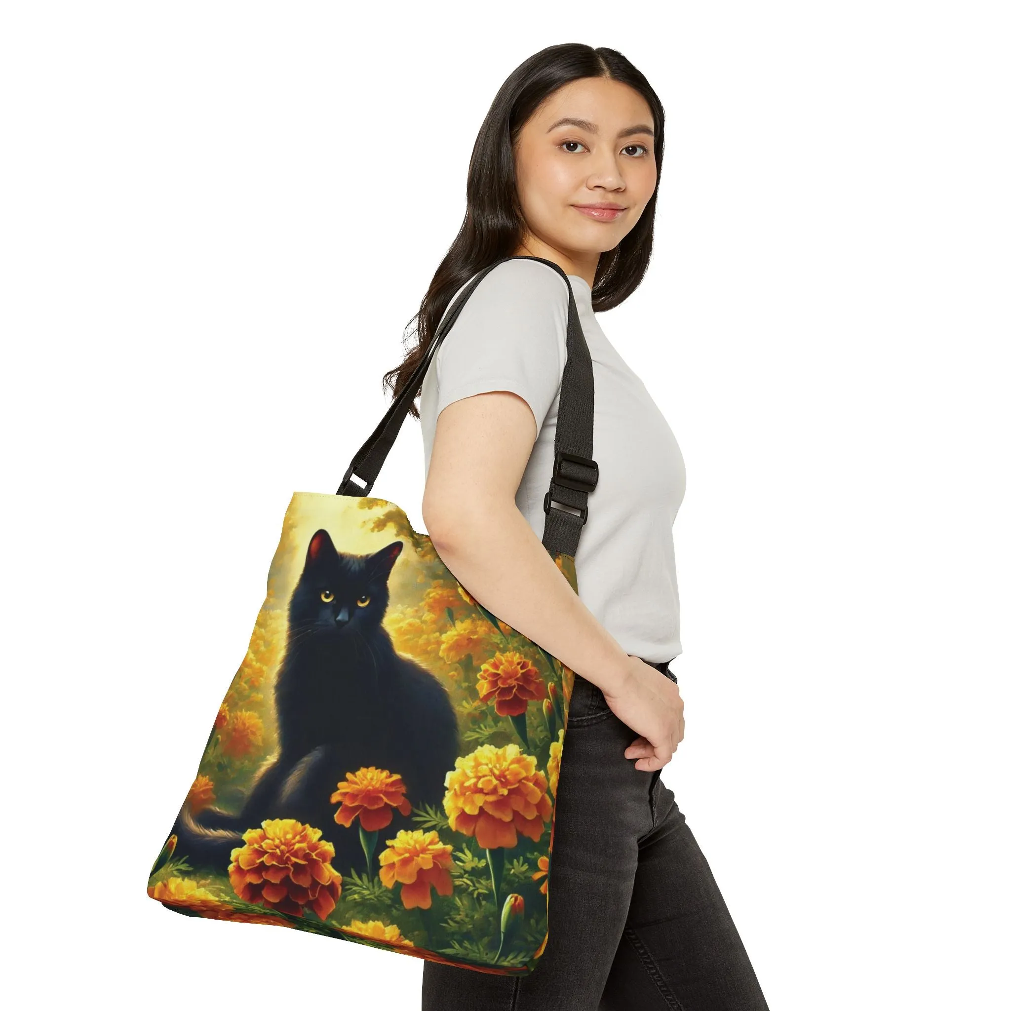 October Birth Flower - Marigolds - Cat Lover - Adjustable Strap Tote Bag