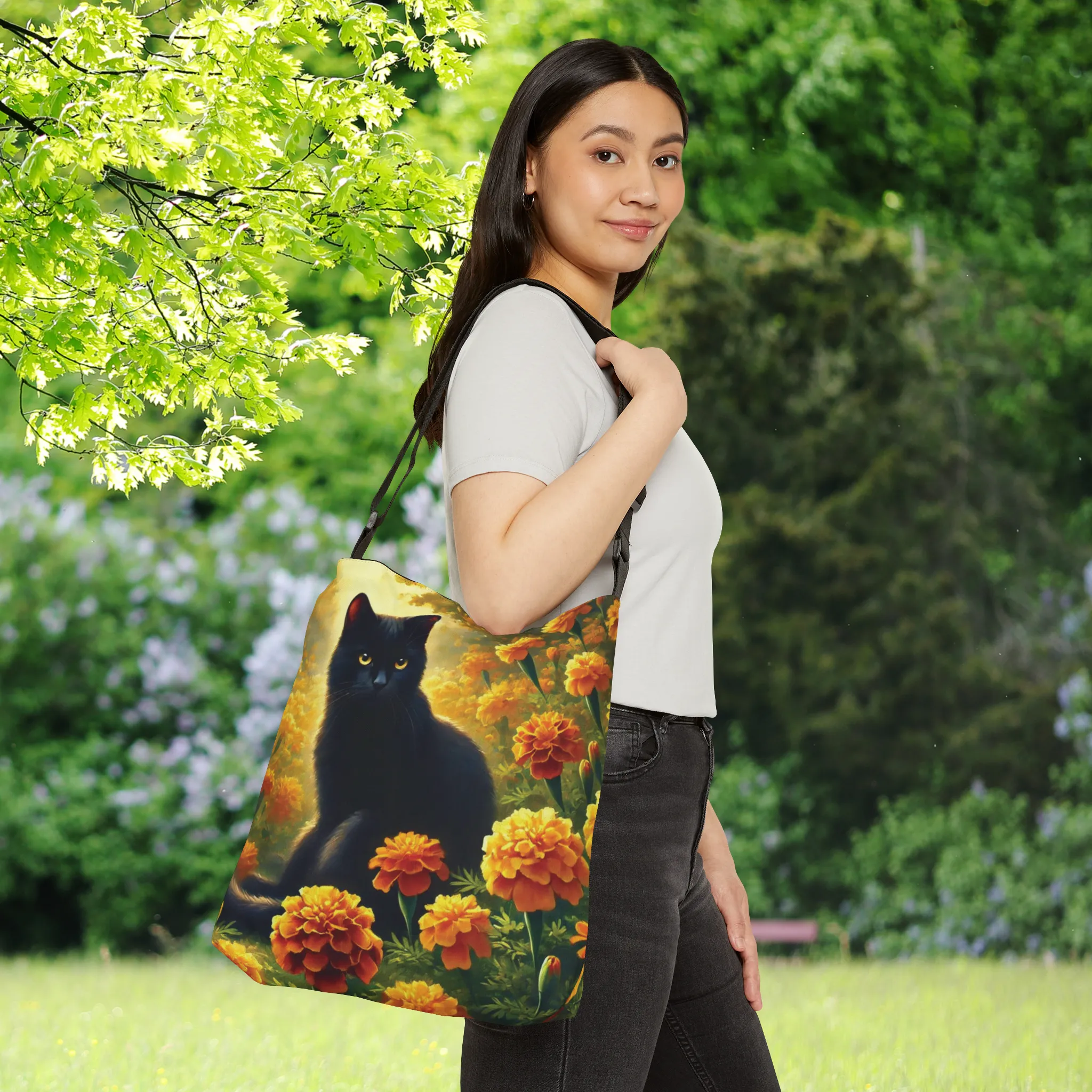 October Birth Flower - Marigolds - Cat Lover - Adjustable Strap Tote Bag