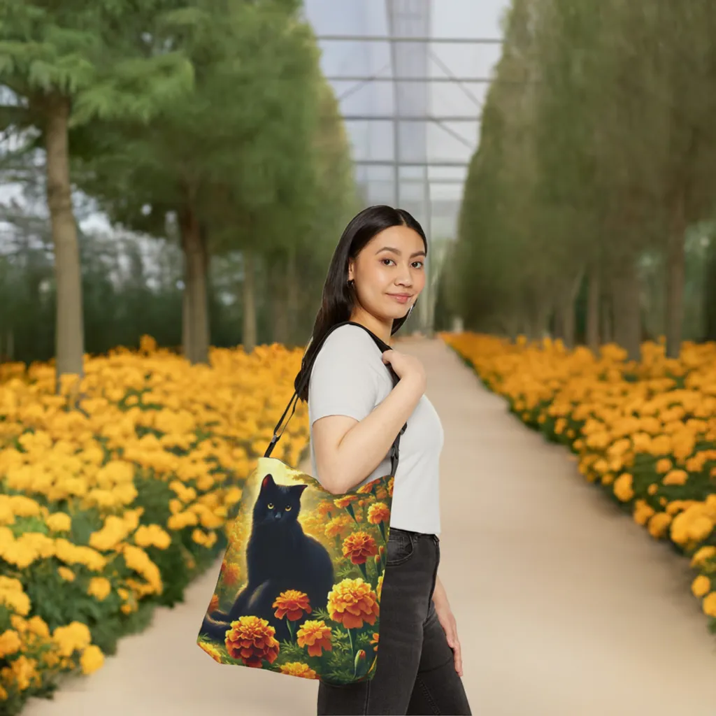 October Birth Flower - Marigolds - Cat Lover - Adjustable Strap Tote Bag