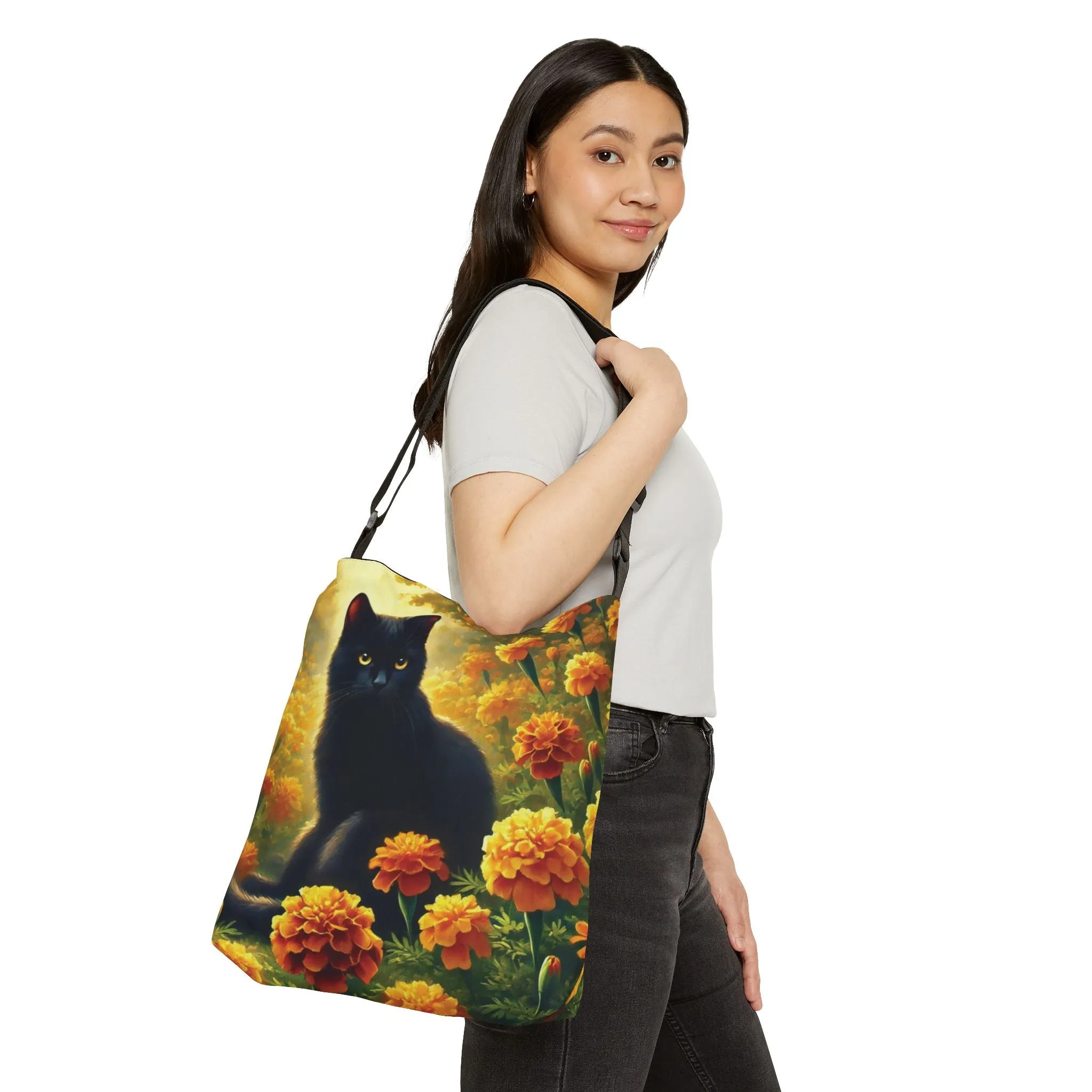 October Birth Flower - Marigolds - Cat Lover - Adjustable Strap Tote Bag