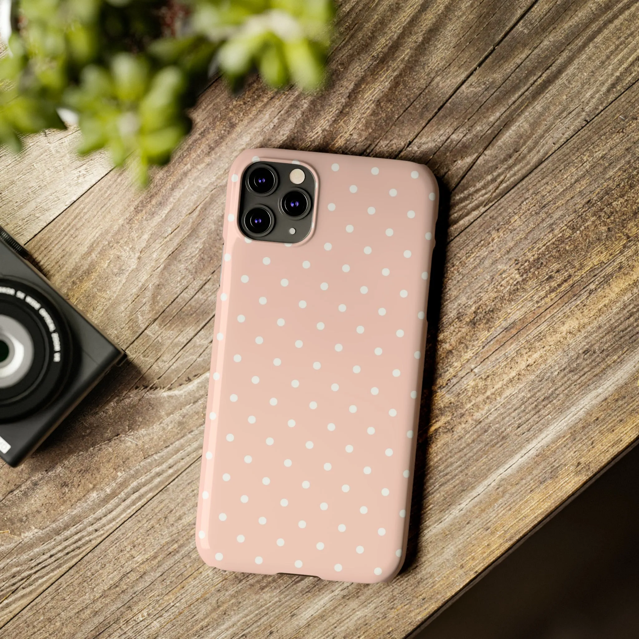 Pink background White Polka Dots Design Sleek Elegance Wireless-Charging Compatible Phone Case Slim Phone Case compatible with over 20 iphone models