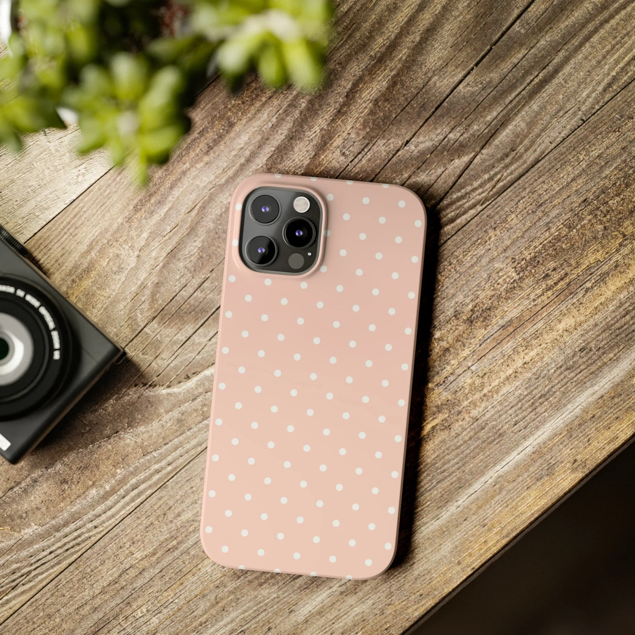 Pink background White Polka Dots Design Sleek Elegance Wireless-Charging Compatible Phone Case Slim Phone Case compatible with over 20 iphone models