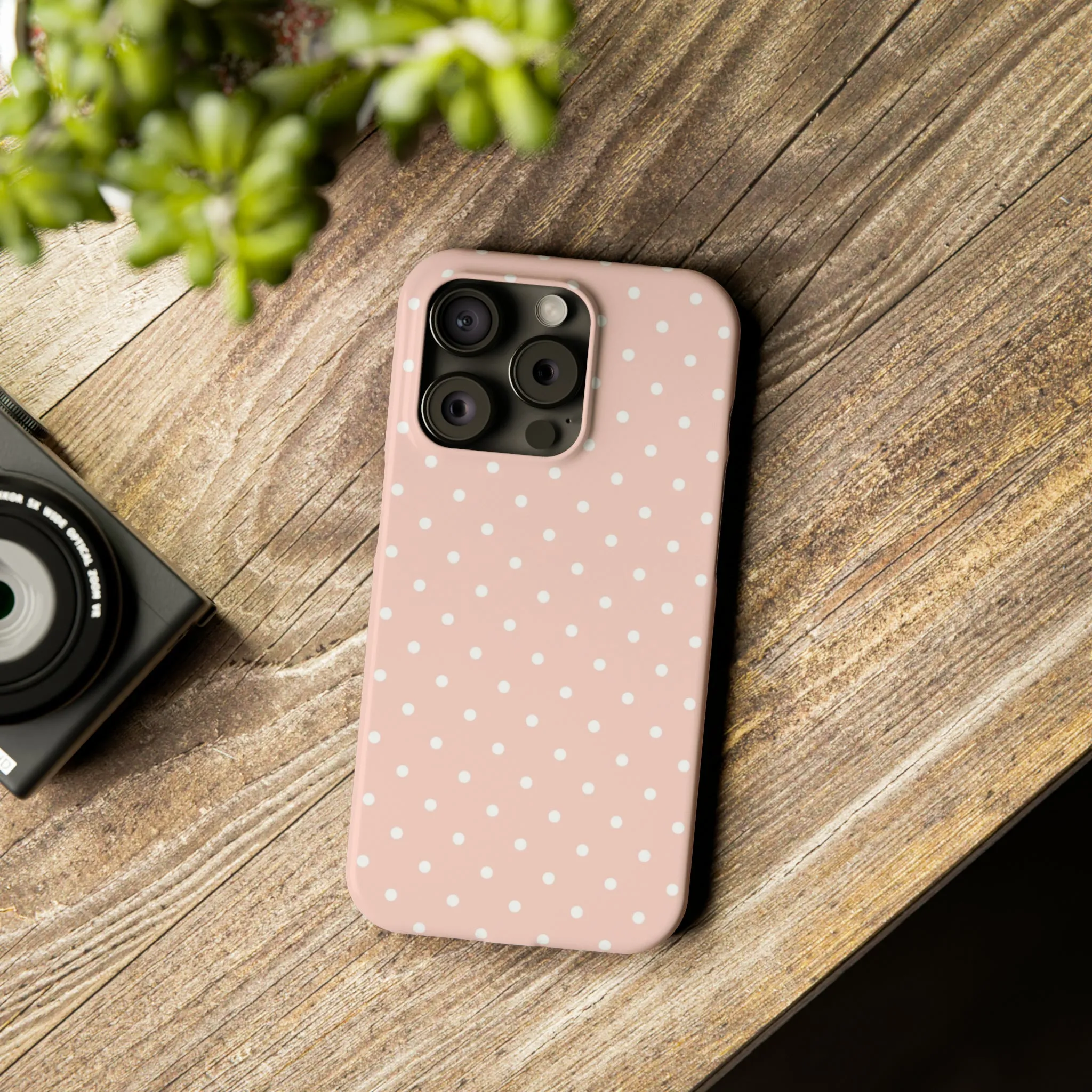 Pink background White Polka Dots Design Sleek Elegance Wireless-Charging Compatible Phone Case Slim Phone Case compatible with over 20 iphone models