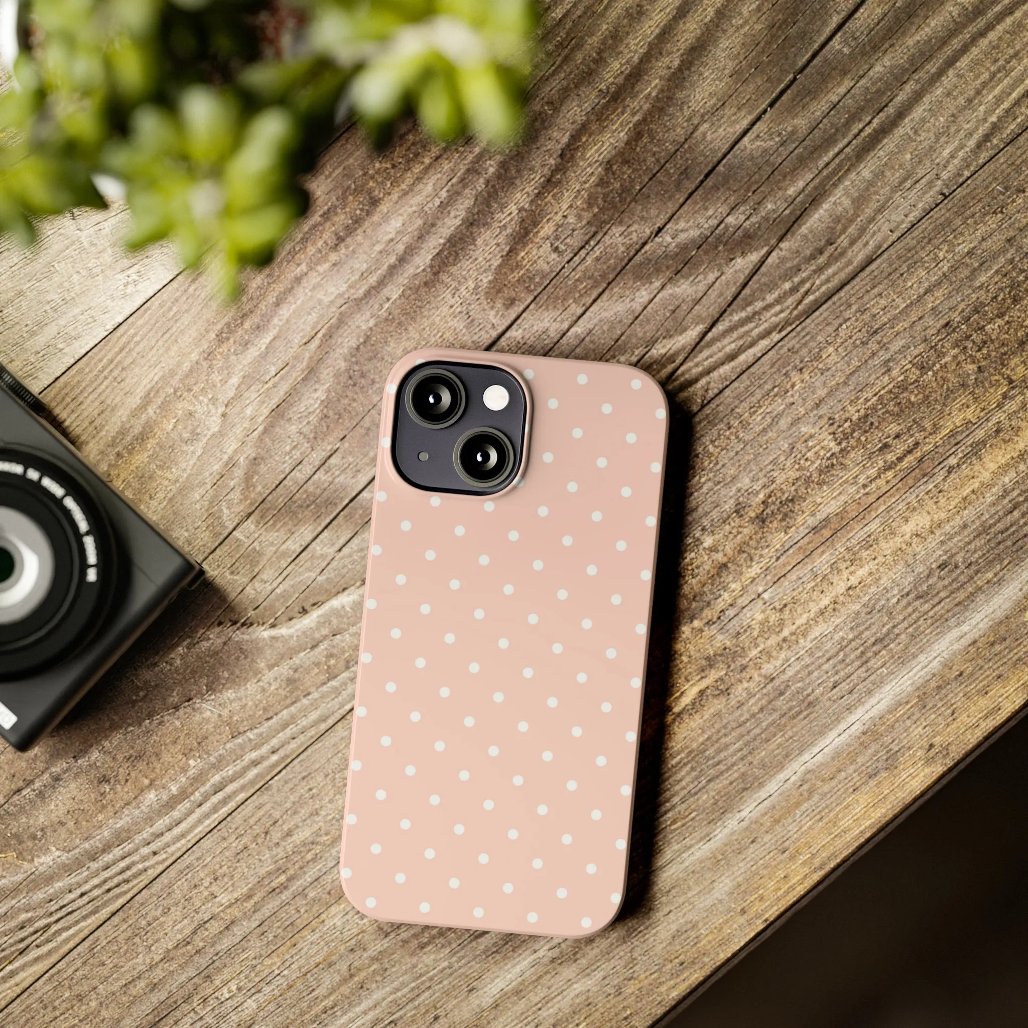 Pink background White Polka Dots Design Sleek Elegance Wireless-Charging Compatible Phone Case Slim Phone Case compatible with over 20 iphone models