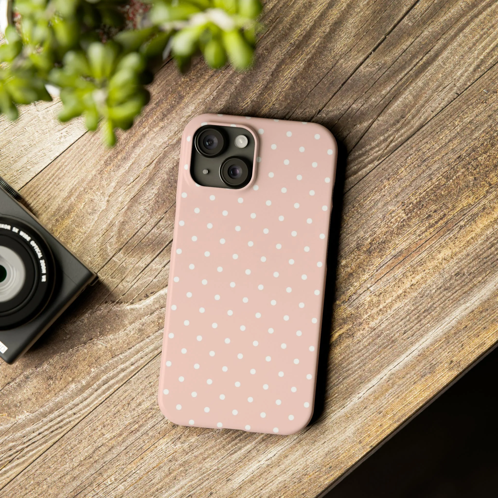 Pink background White Polka Dots Design Sleek Elegance Wireless-Charging Compatible Phone Case Slim Phone Case compatible with over 20 iphone models