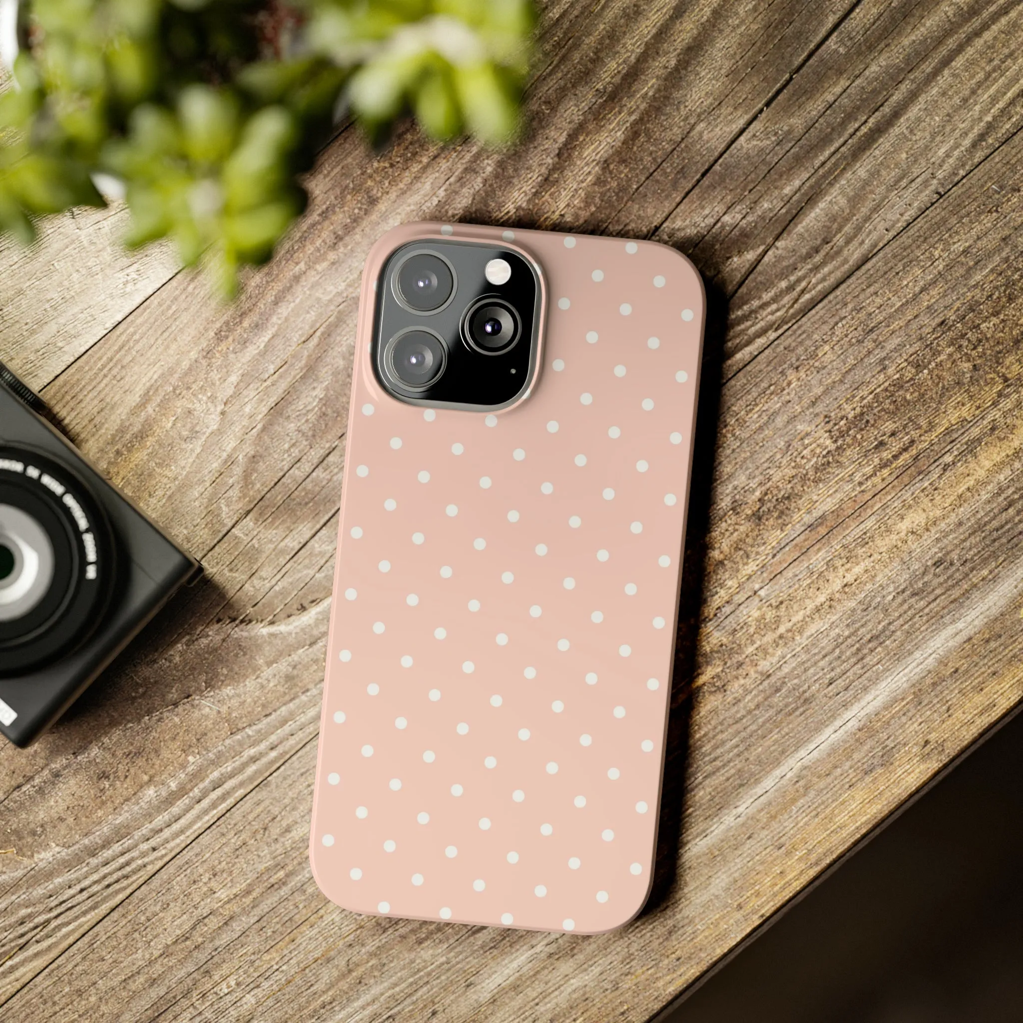 Pink background White Polka Dots Design Sleek Elegance Wireless-Charging Compatible Phone Case Slim Phone Case compatible with over 20 iphone models