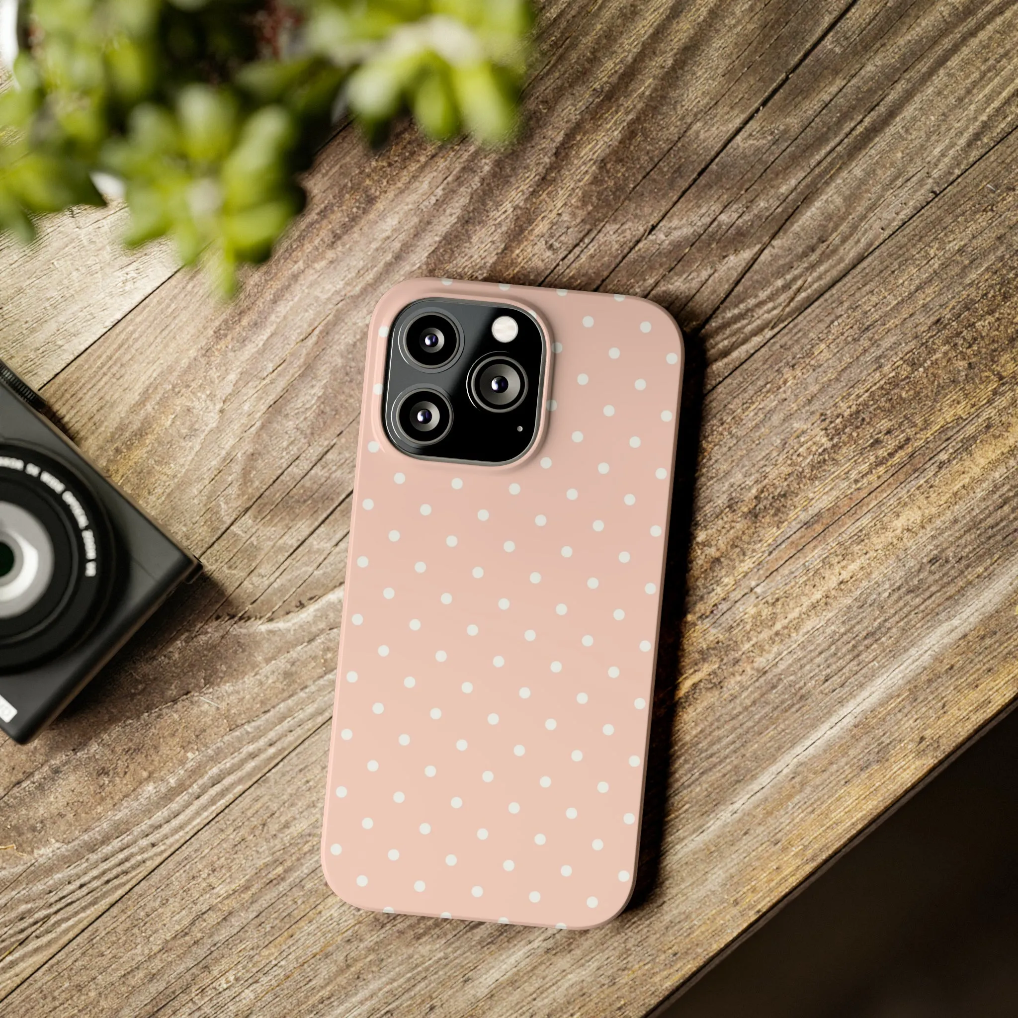 Pink background White Polka Dots Design Sleek Elegance Wireless-Charging Compatible Phone Case Slim Phone Case compatible with over 20 iphone models