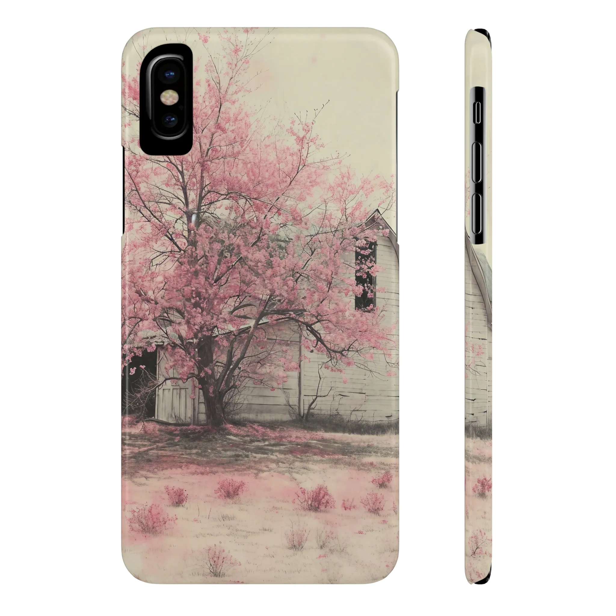 Rustic Barn and Pink Floral Design Sleek Elegance Wireless-Charging Compatible Phone Case Slim Phone Case compatible with over 20 iphone models