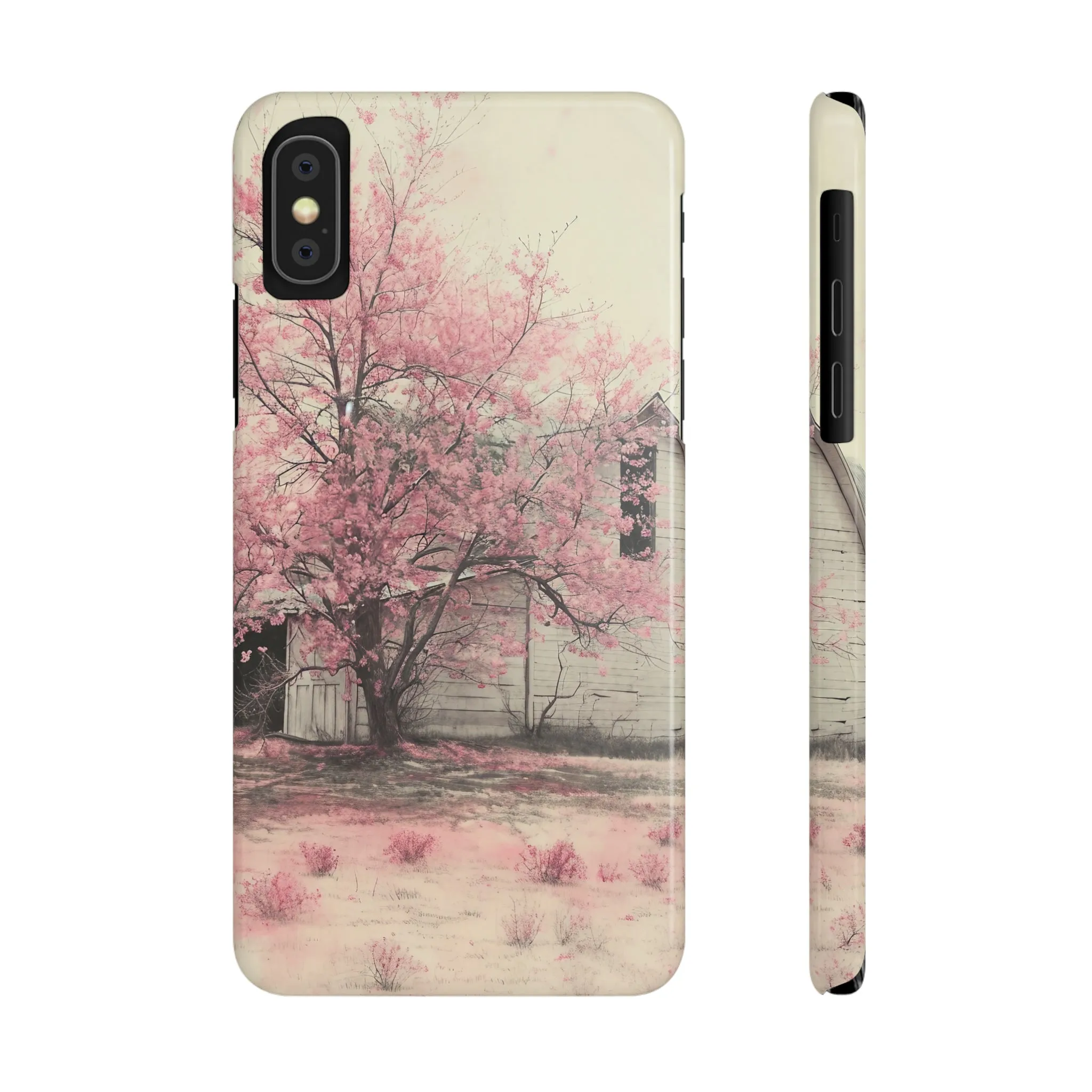 Rustic Barn and Pink Floral Design Sleek Elegance Wireless-Charging Compatible Phone Case Slim Phone Case compatible with over 20 iphone models