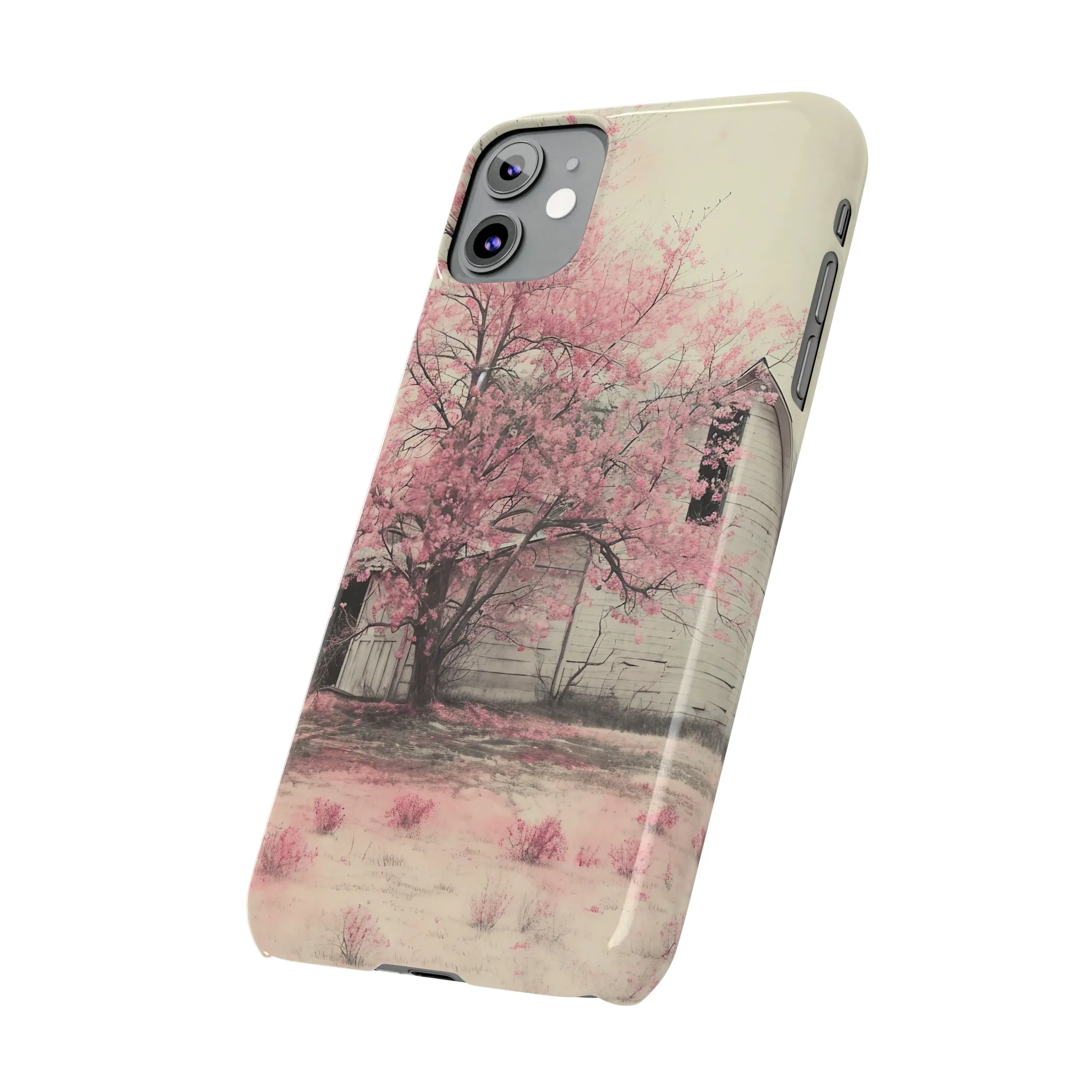 Rustic Barn and Pink Floral Design Sleek Elegance Wireless-Charging Compatible Phone Case Slim Phone Case compatible with over 20 iphone models