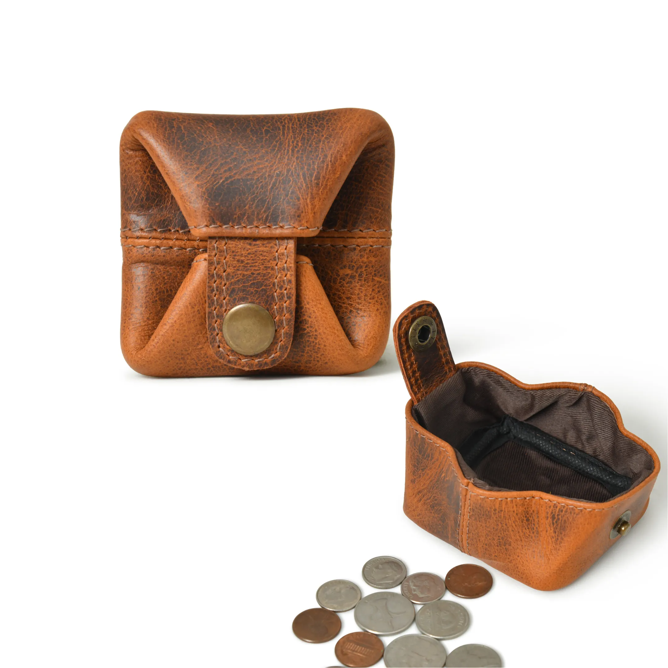 Slim Full Grain Vintage Brown Leather Mini Coin Pocket for Men Women