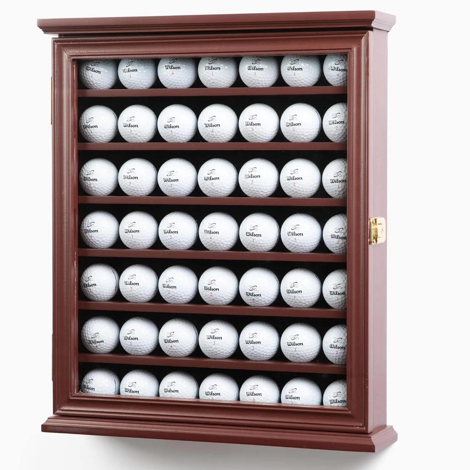 Solid Wood 49 Golf Ball Display Case Cabinet Wall Rack Holder with UV Protection and Lockable Door (Cherry Finish)