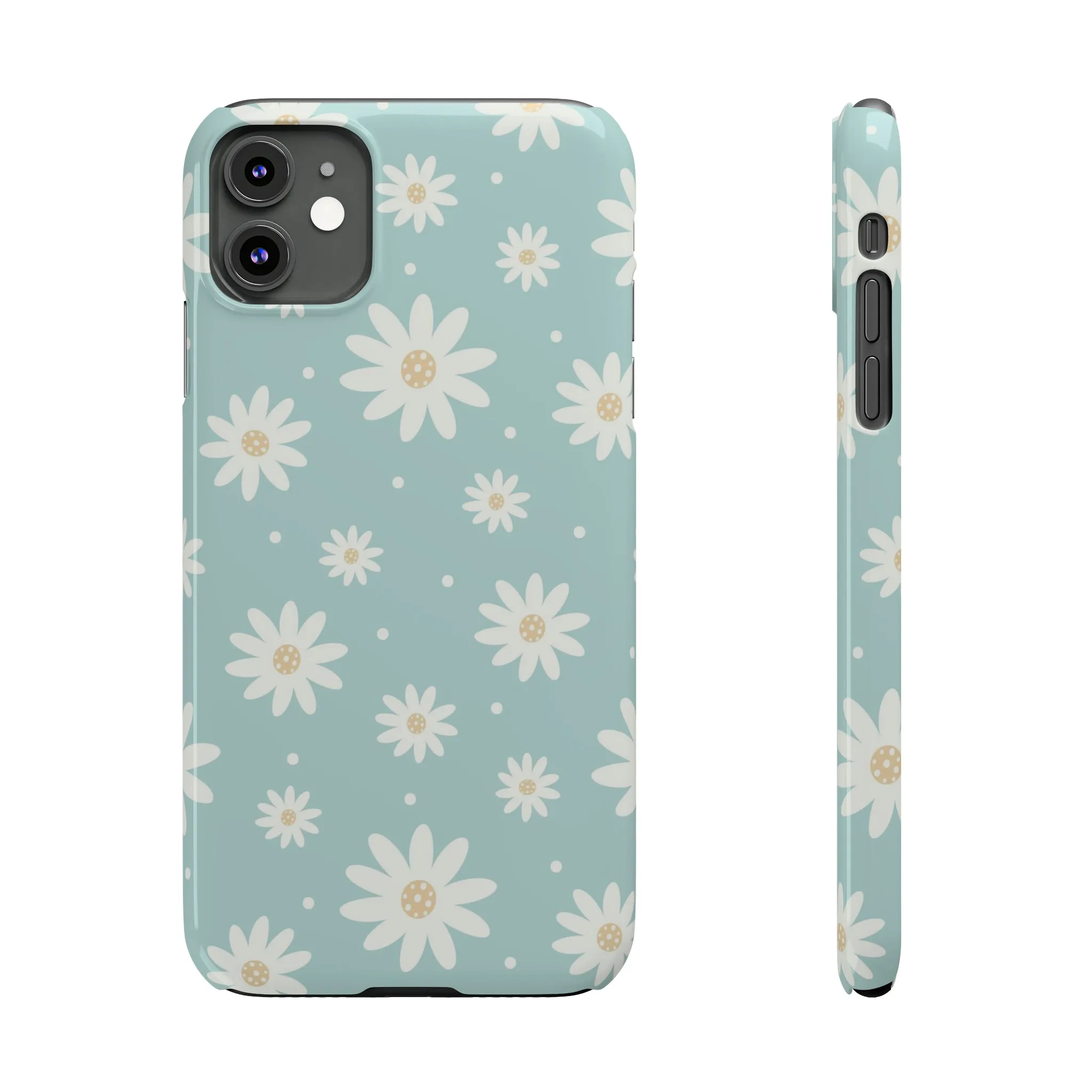 White Daisies and Blue background Design Sleek Elegance Wireless-Charging Compatible Phone Case Slim Phone Case compatible with over 20 iphone models