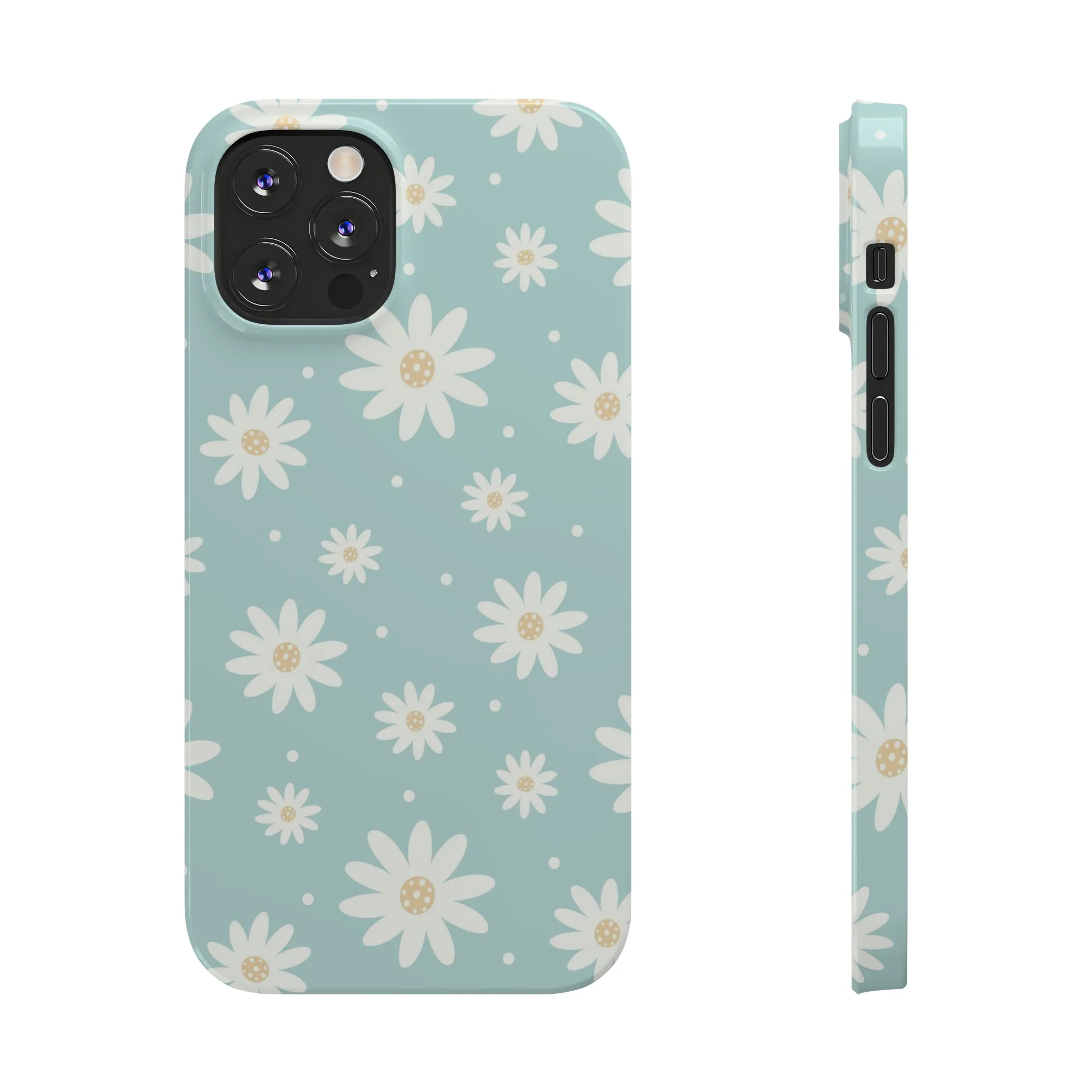 White Daisies and Blue background Design Sleek Elegance Wireless-Charging Compatible Phone Case Slim Phone Case compatible with over 20 iphone models