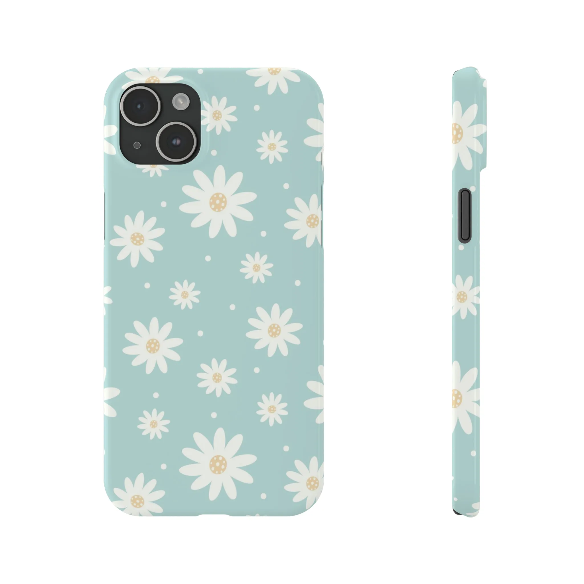 White Daisies and Blue background Design Sleek Elegance Wireless-Charging Compatible Phone Case Slim Phone Case compatible with over 20 iphone models