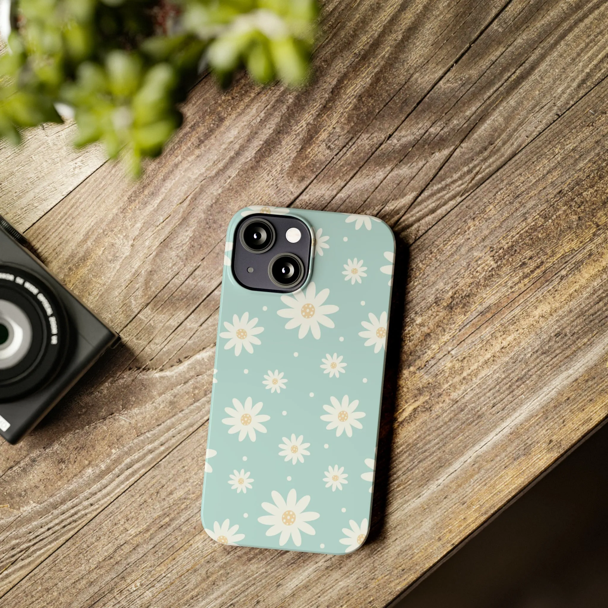 White Daisies and Blue background Design Sleek Elegance Wireless-Charging Compatible Phone Case Slim Phone Case compatible with over 20 iphone models