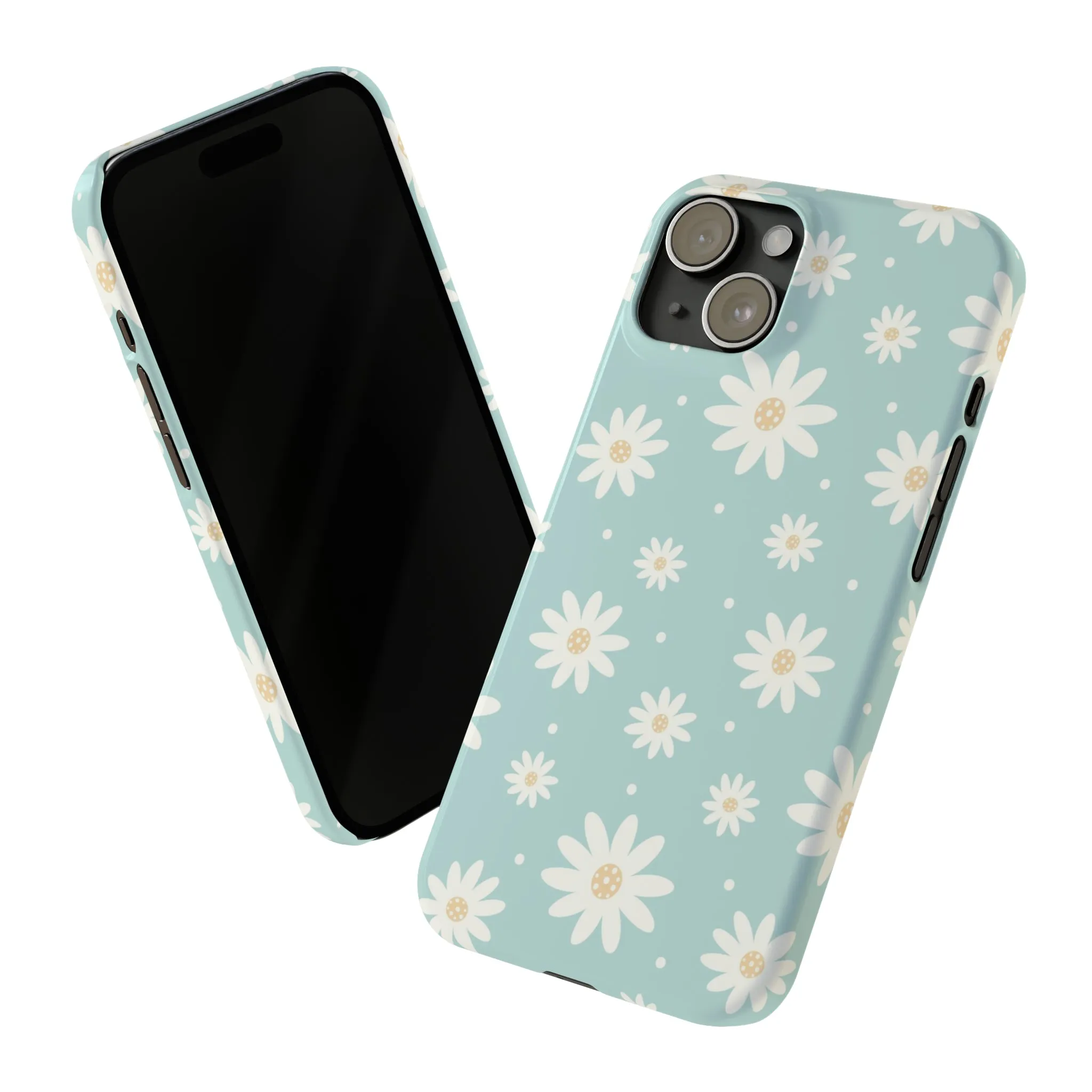 White Daisies and Blue background Design Sleek Elegance Wireless-Charging Compatible Phone Case Slim Phone Case compatible with over 20 iphone models