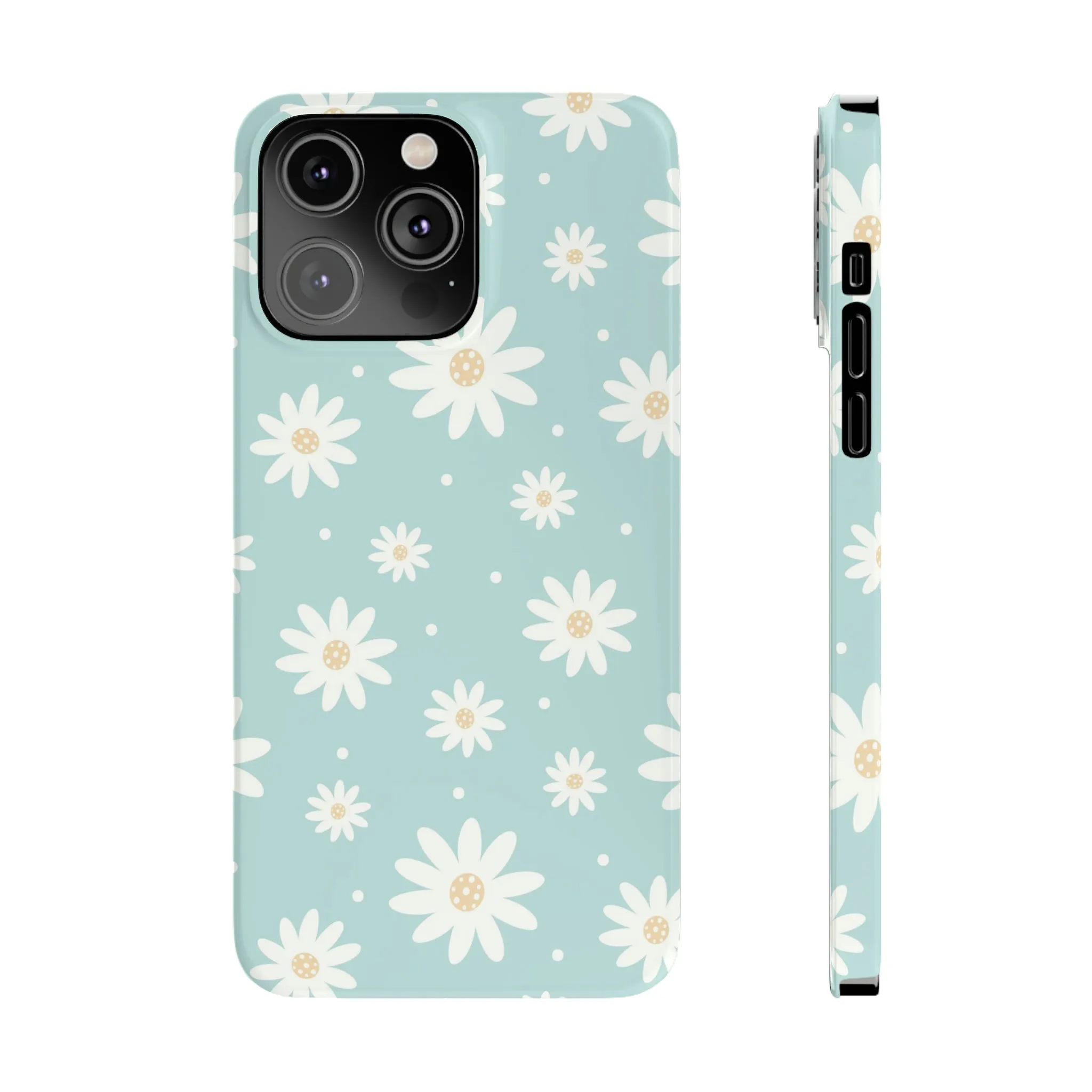 White Daisies and Blue background Design Sleek Elegance Wireless-Charging Compatible Phone Case Slim Phone Case compatible with over 20 iphone models