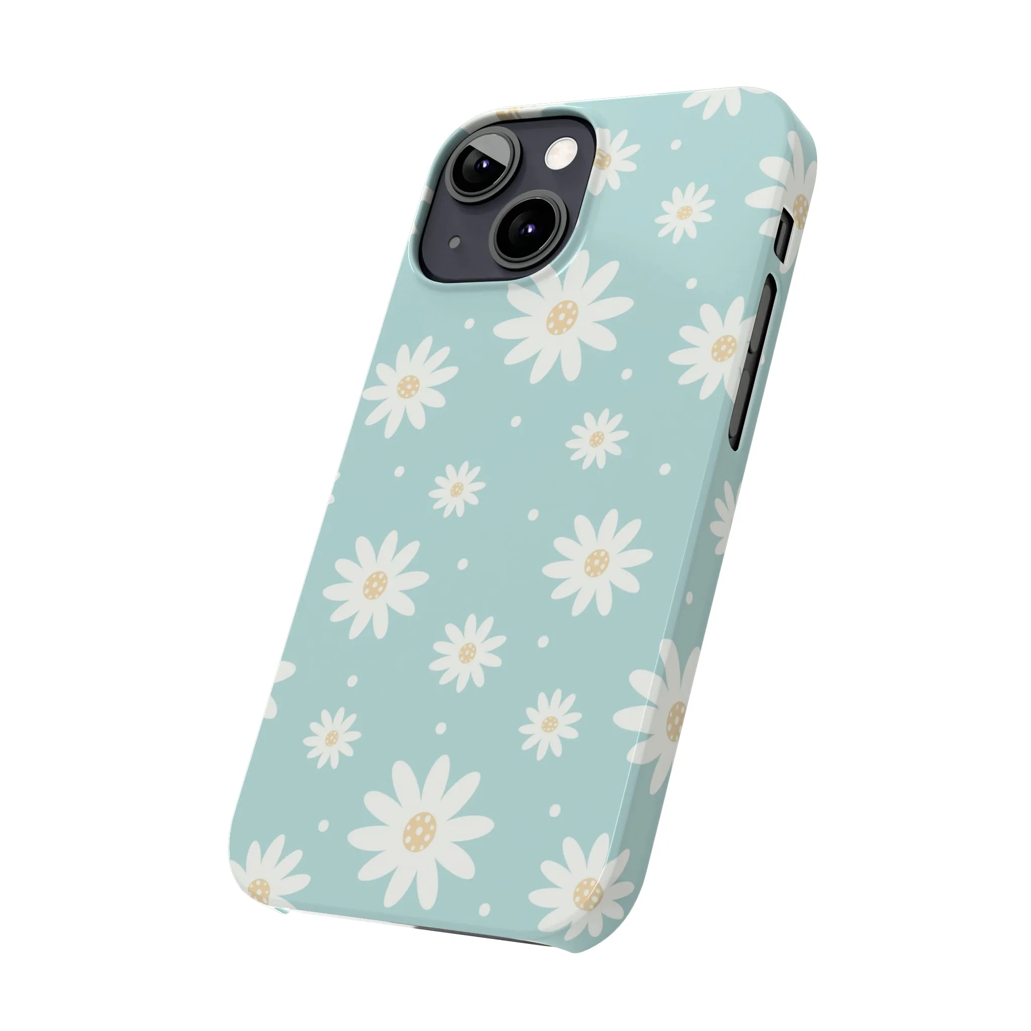 White Daisies and Blue background Design Sleek Elegance Wireless-Charging Compatible Phone Case Slim Phone Case compatible with over 20 iphone models