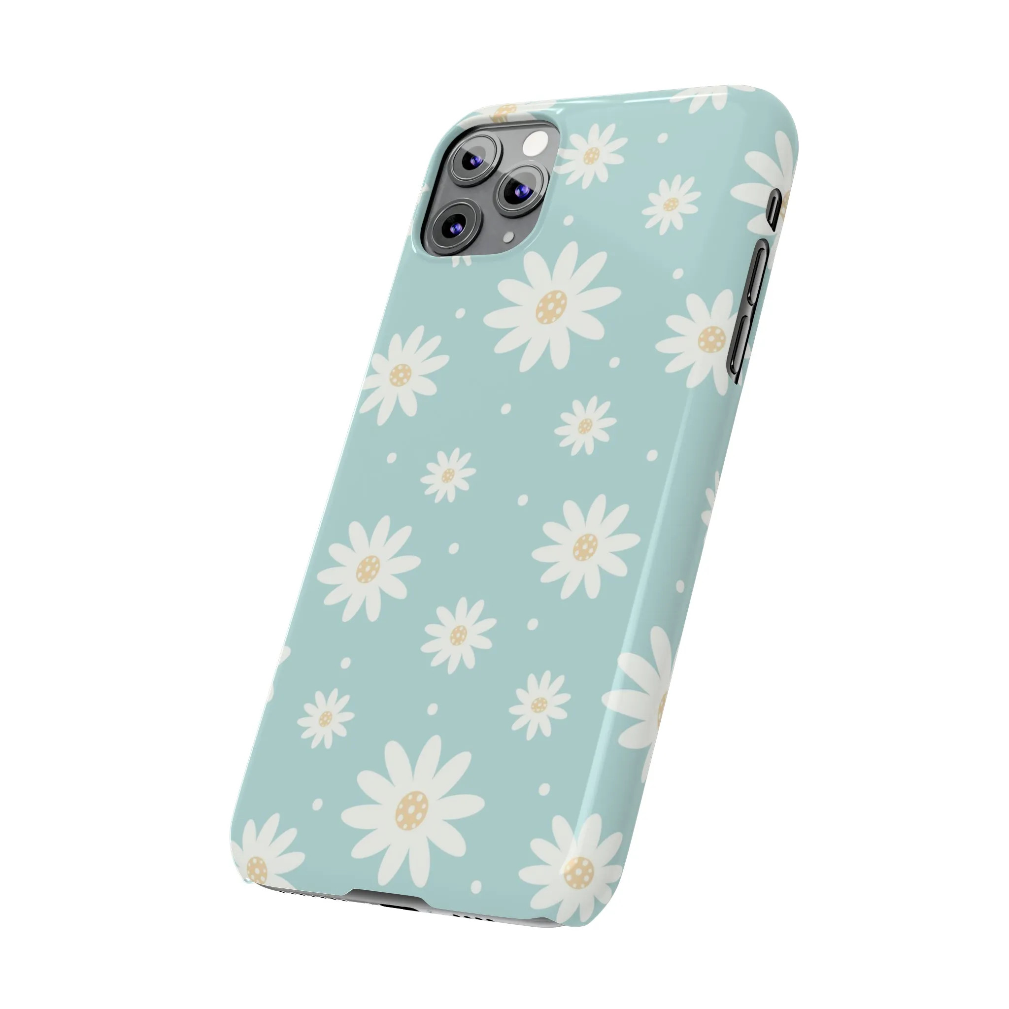 White Daisies and Blue background Design Sleek Elegance Wireless-Charging Compatible Phone Case Slim Phone Case compatible with over 20 iphone models