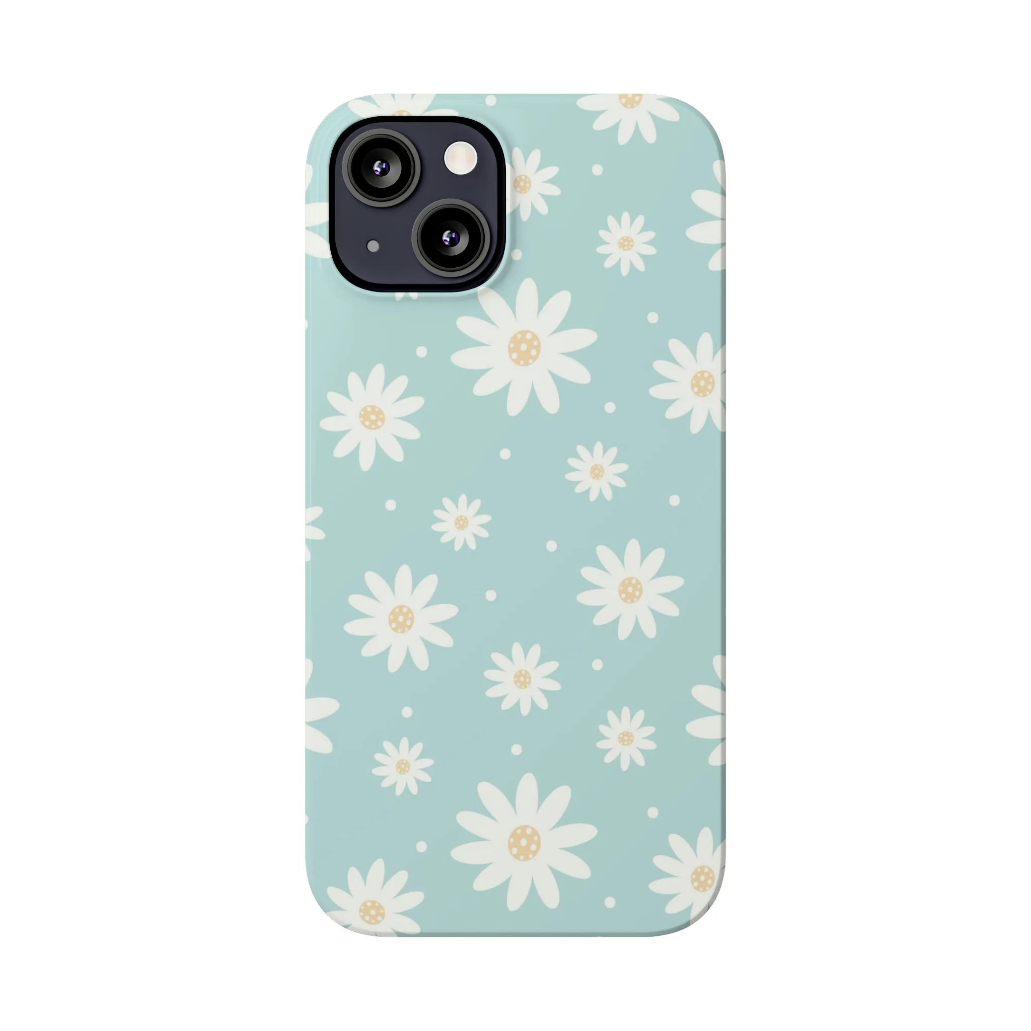 White Daisies and Blue background Design Sleek Elegance Wireless-Charging Compatible Phone Case Slim Phone Case compatible with over 20 iphone models