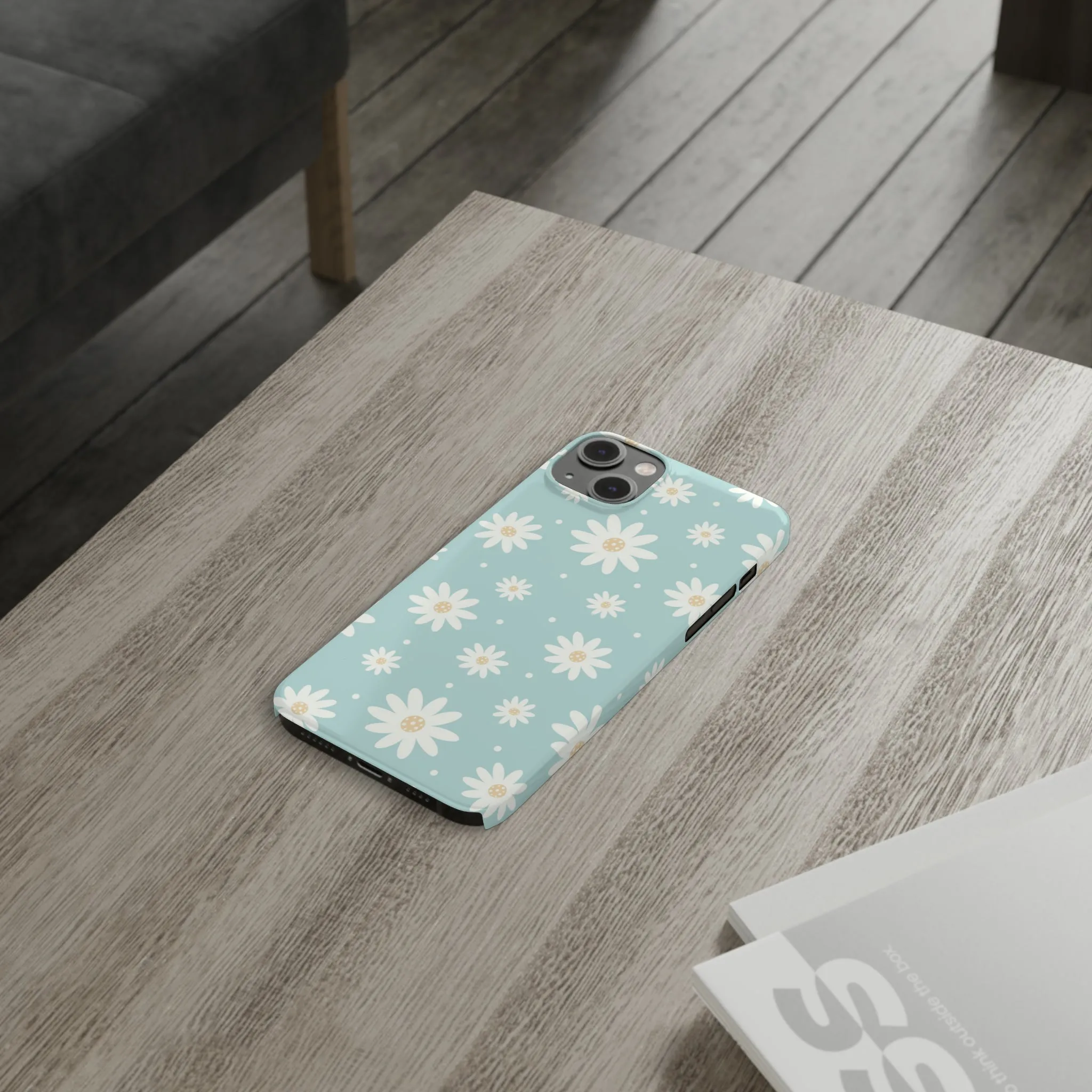 White Daisies and Blue background Design Sleek Elegance Wireless-Charging Compatible Phone Case Slim Phone Case compatible with over 20 iphone models