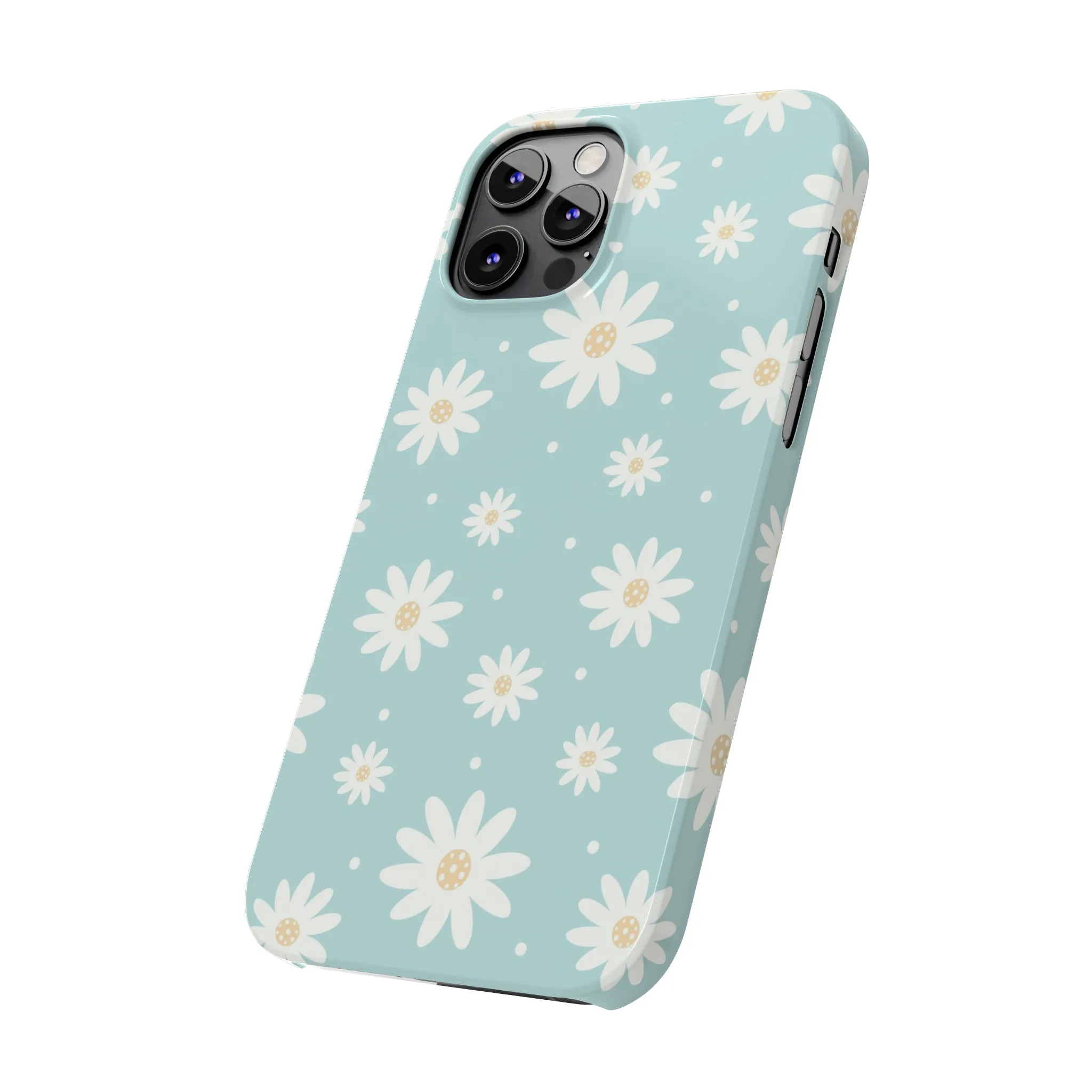 White Daisies and Blue background Design Sleek Elegance Wireless-Charging Compatible Phone Case Slim Phone Case compatible with over 20 iphone models