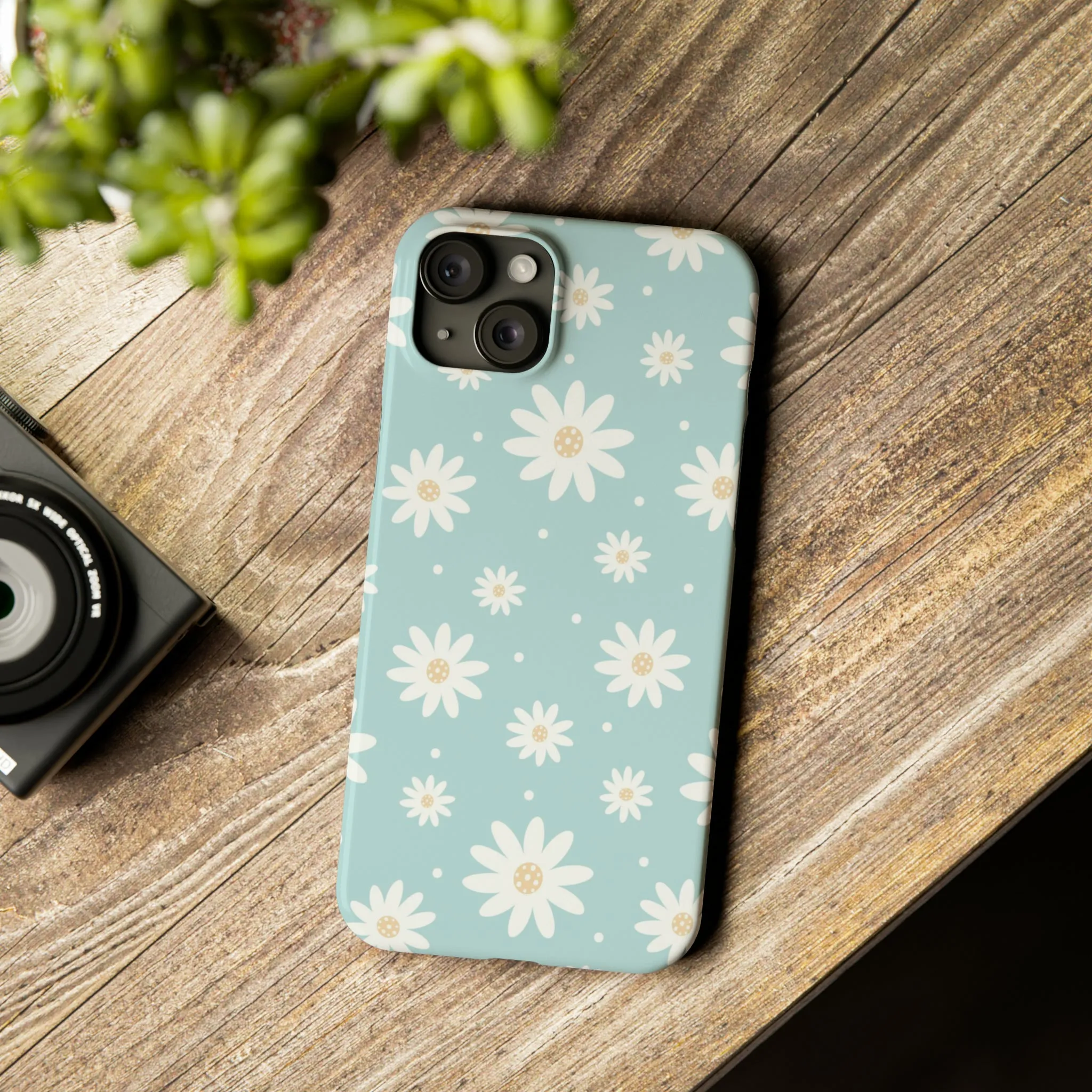 White Daisies and Blue background Design Sleek Elegance Wireless-Charging Compatible Phone Case Slim Phone Case compatible with over 20 iphone models