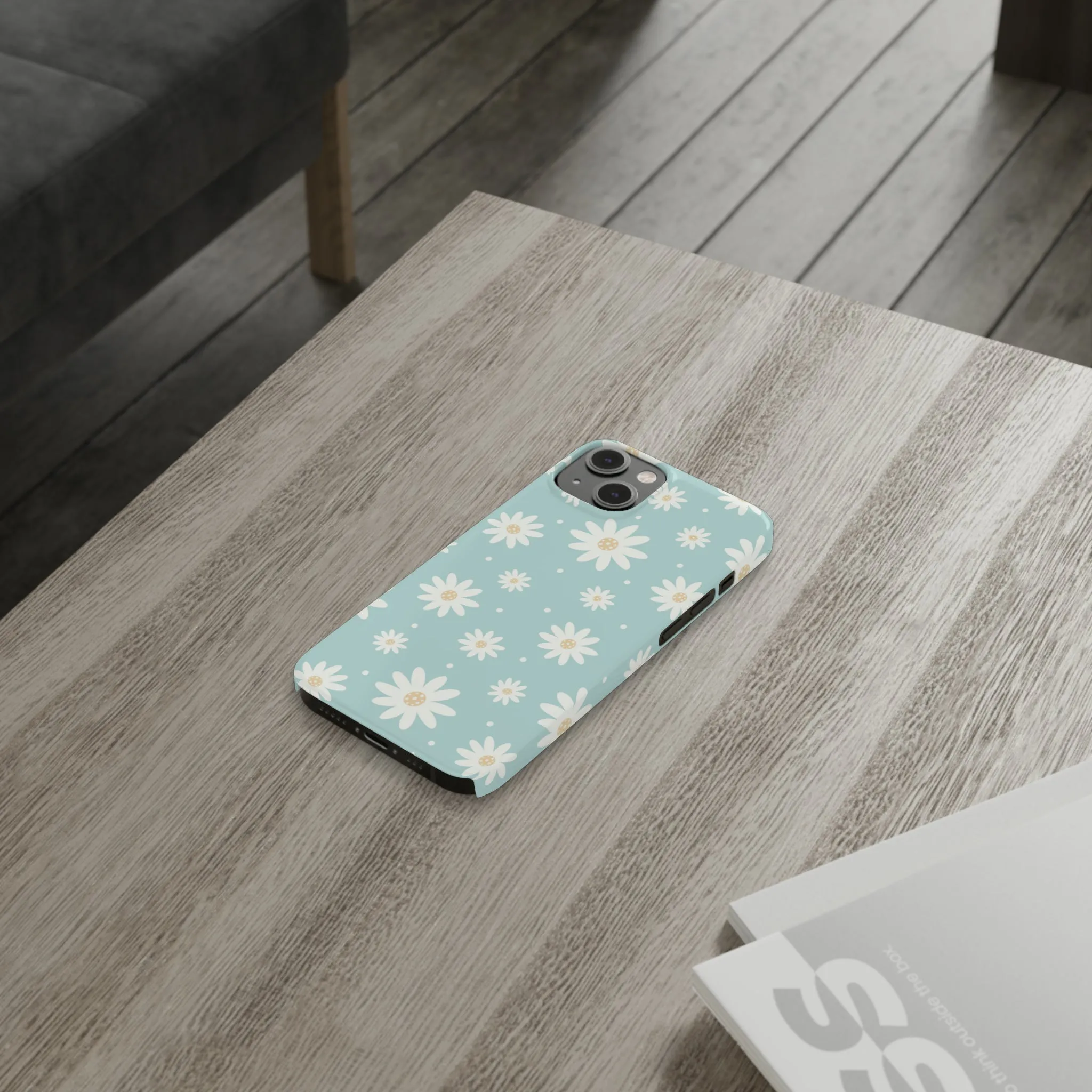 White Daisies and Blue background Design Sleek Elegance Wireless-Charging Compatible Phone Case Slim Phone Case compatible with over 20 iphone models