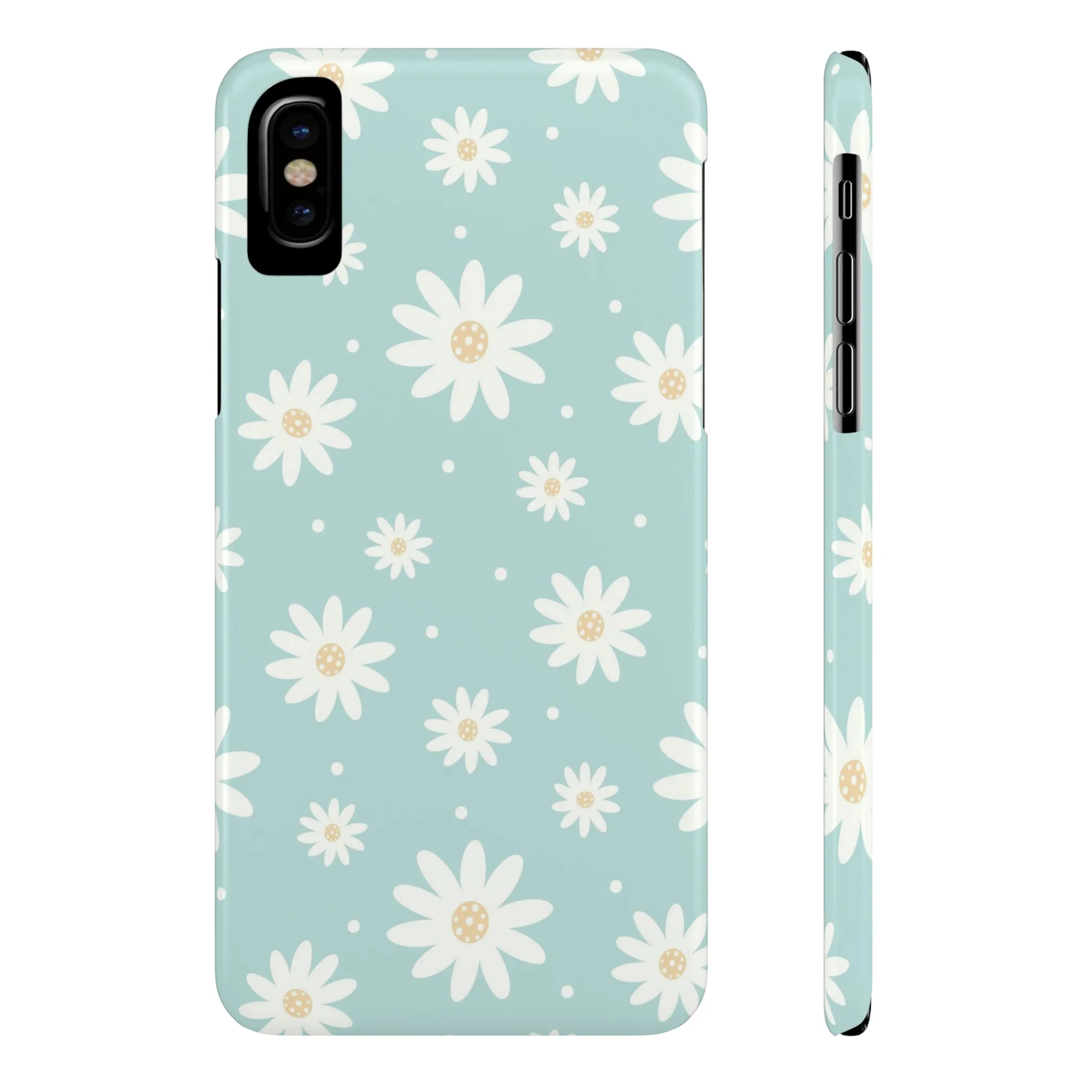 White Daisies and Blue background Design Sleek Elegance Wireless-Charging Compatible Phone Case Slim Phone Case compatible with over 20 iphone models