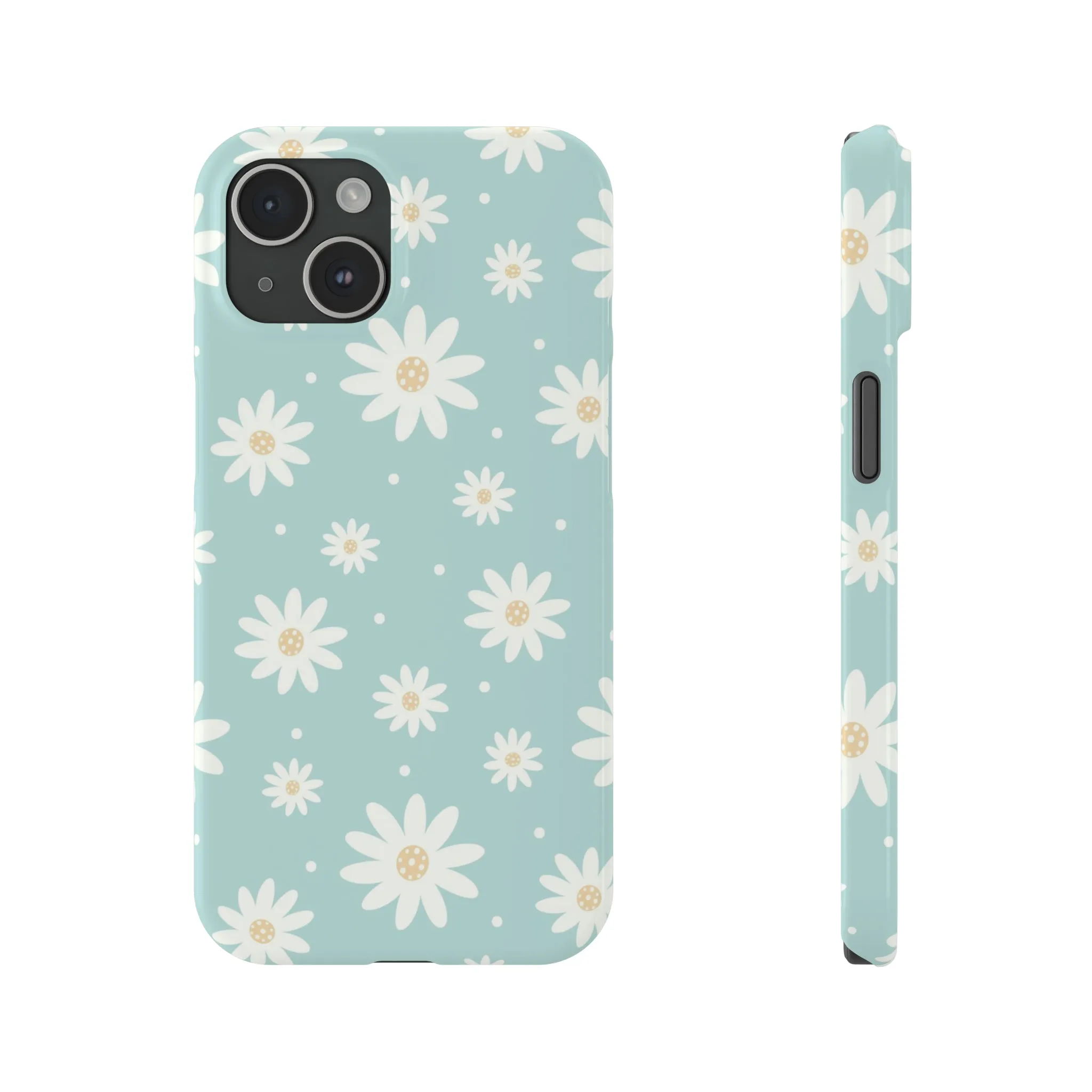 White Daisies and Blue background Design Sleek Elegance Wireless-Charging Compatible Phone Case Slim Phone Case compatible with over 20 iphone models