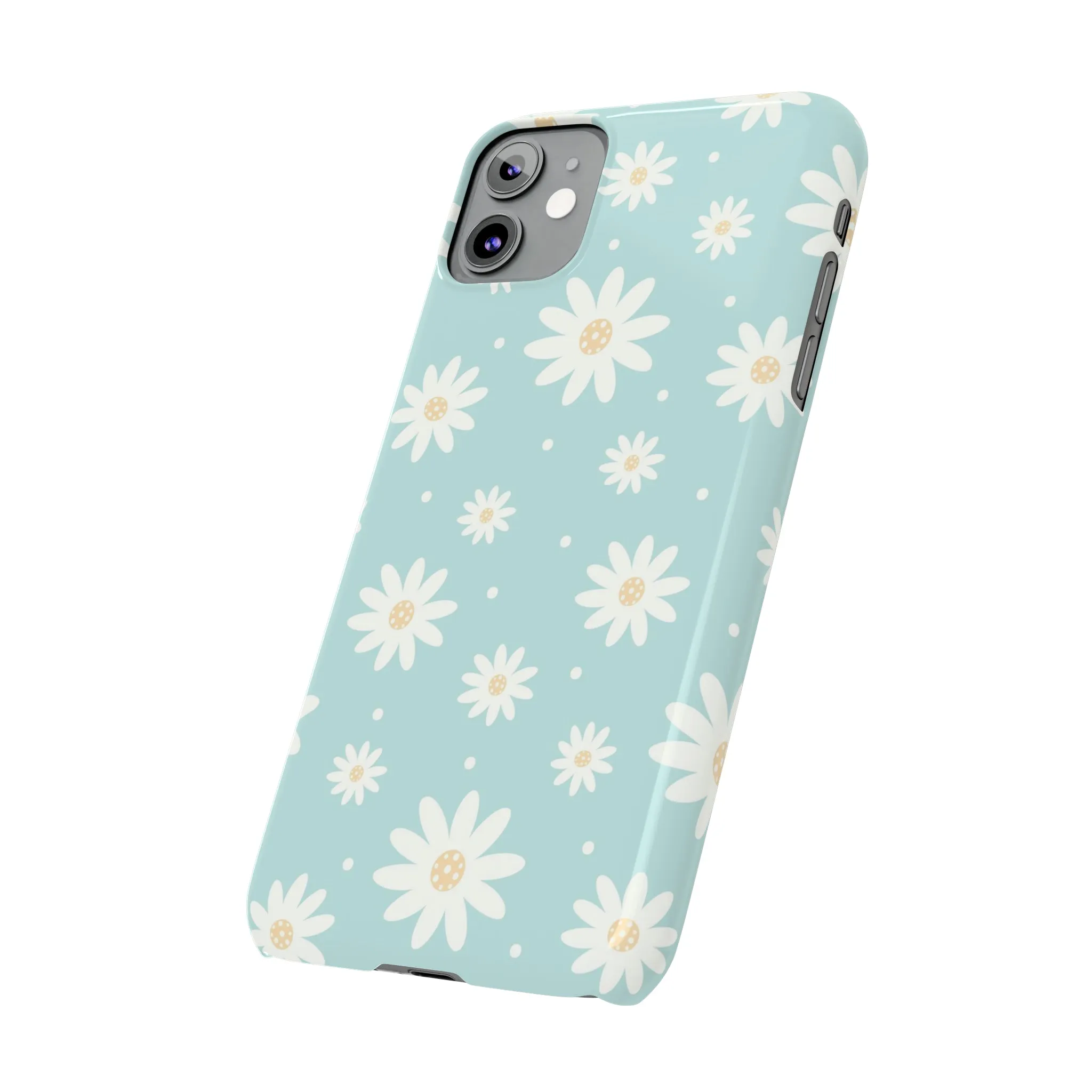 White Daisies and Blue background Design Sleek Elegance Wireless-Charging Compatible Phone Case Slim Phone Case compatible with over 20 iphone models