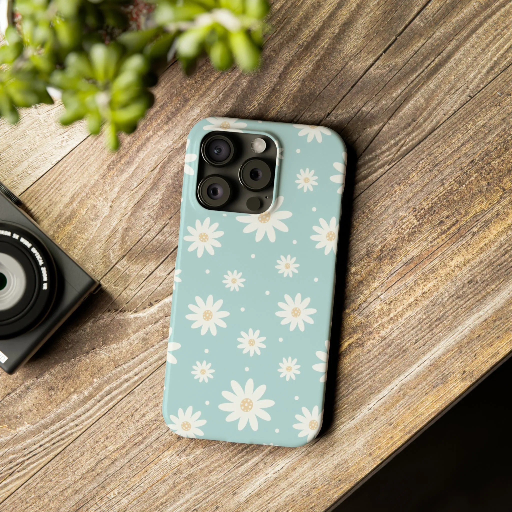 White Daisies and Blue background Design Sleek Elegance Wireless-Charging Compatible Phone Case Slim Phone Case compatible with over 20 iphone models