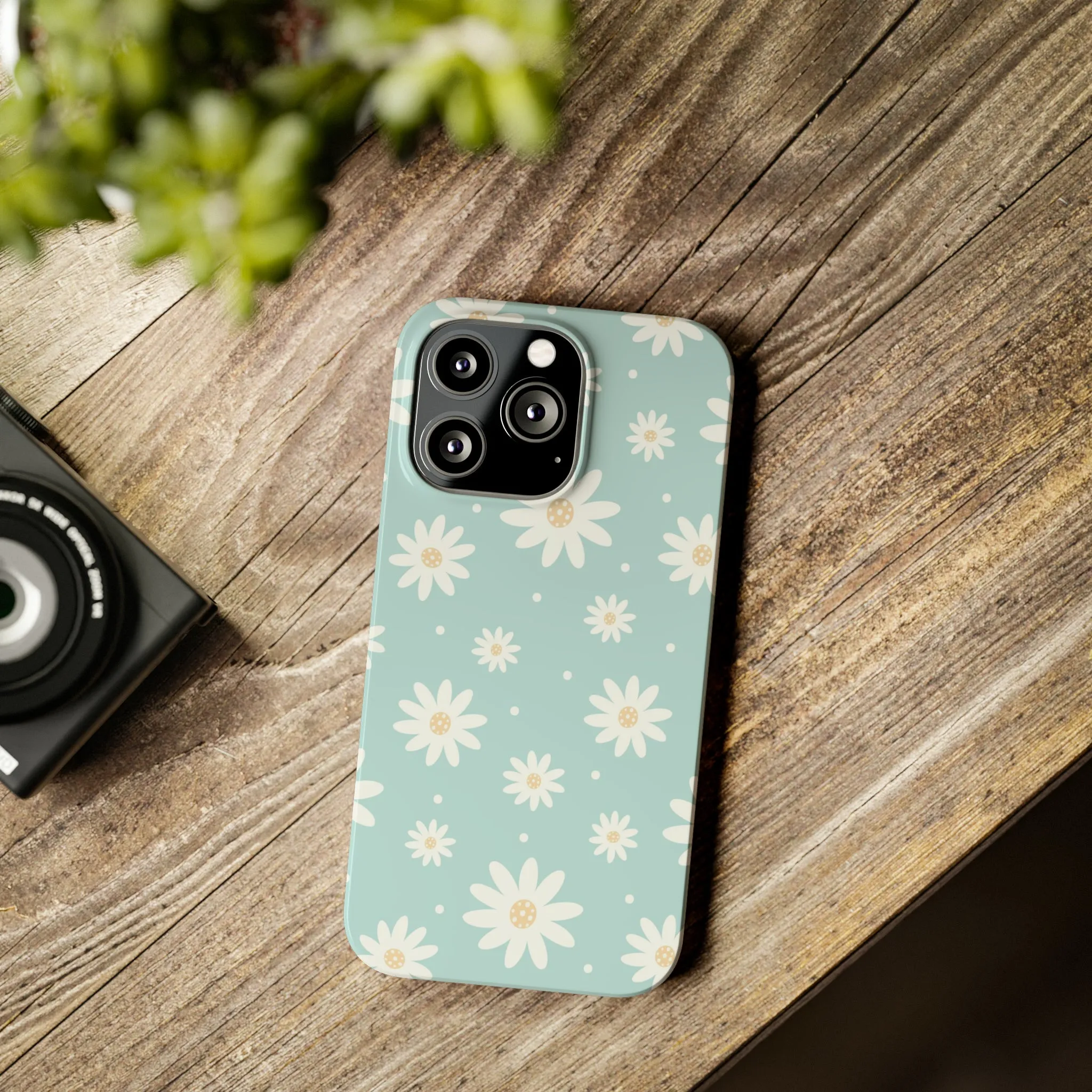 White Daisies and Blue background Design Sleek Elegance Wireless-Charging Compatible Phone Case Slim Phone Case compatible with over 20 iphone models